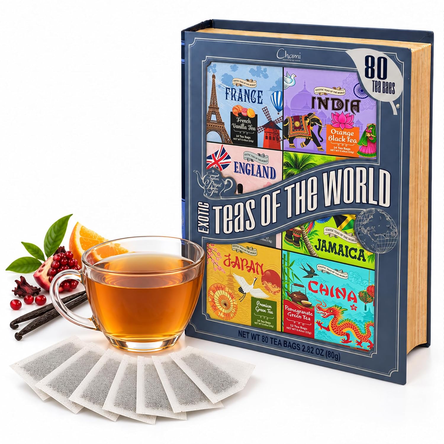 Chami Tea Gift Set Sampler, 80 Bags Variety Pack of 6 Assorted Black and Green Flavors from Around the World in Hardcover Book Box, Gifts for Tea Lovers, Women, Men and Mom
