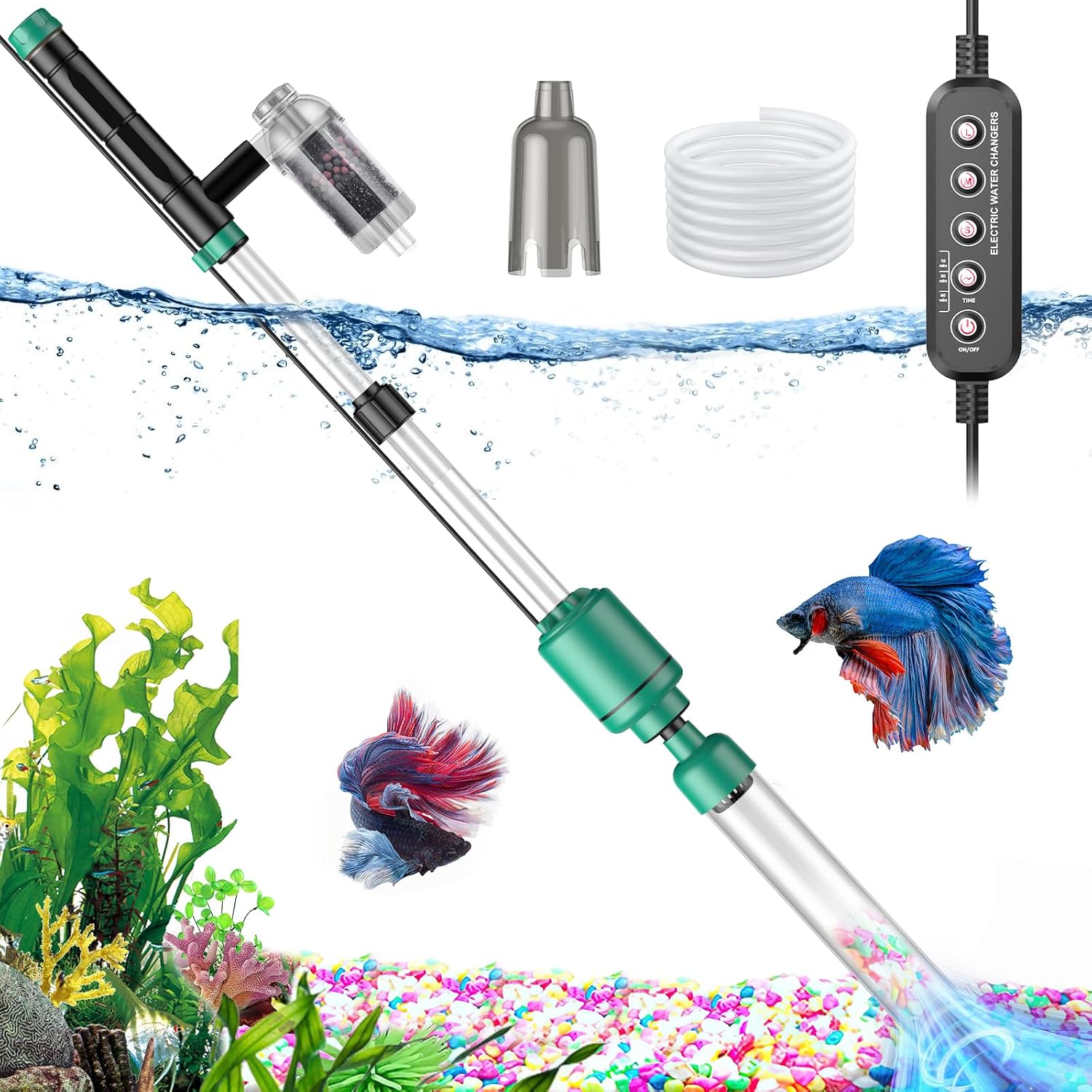 24W Aquarium Vacuum Gravel Cleaner: 8 in 1 Electric Fish Tank Cleaner