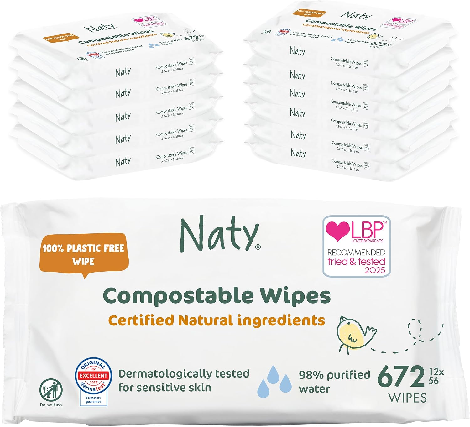 Naty Baby Wipes for Sensitive Skin & 98% Water, 672 Count (12 Packs)
