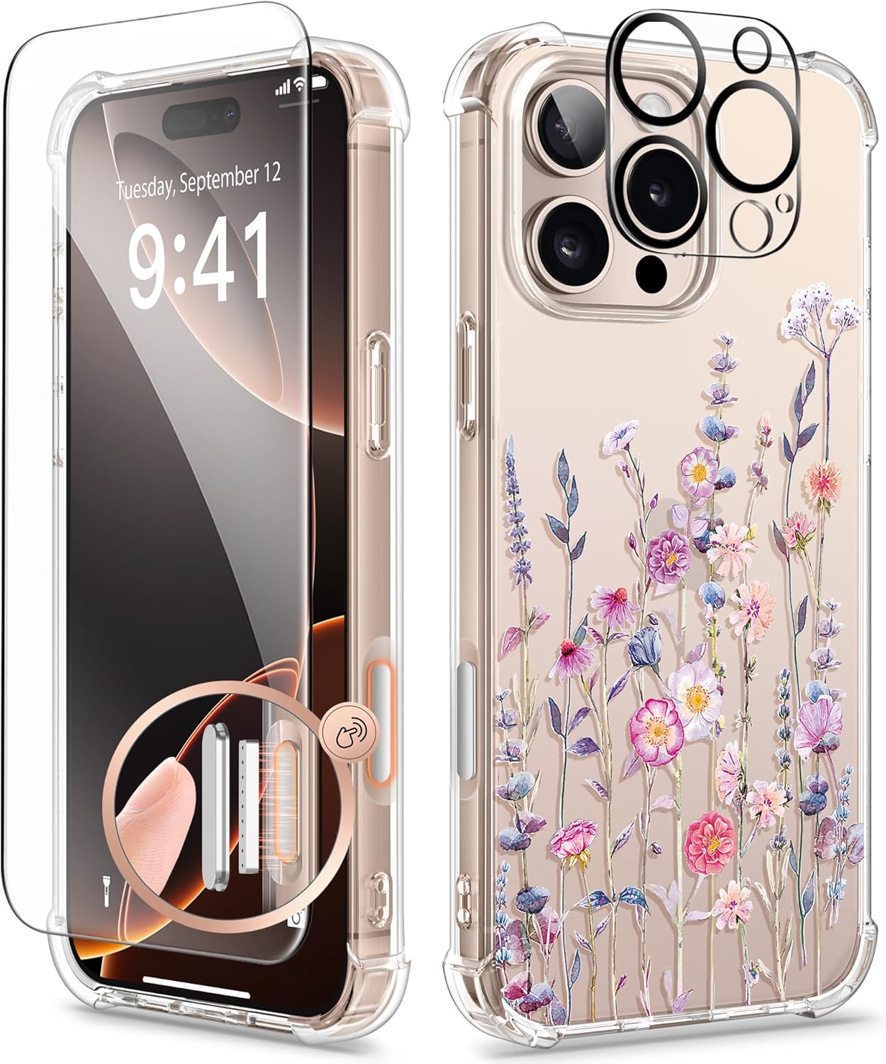 GVIEWIN Compatible with iPhone 16 Pro Case 2024,[Camera Control Button]with Screen &Camera Lens Protectors Clear Shockproof Drop Protection Anti-scratch Floral Cover for Women Girl,Floratopia/Colorful