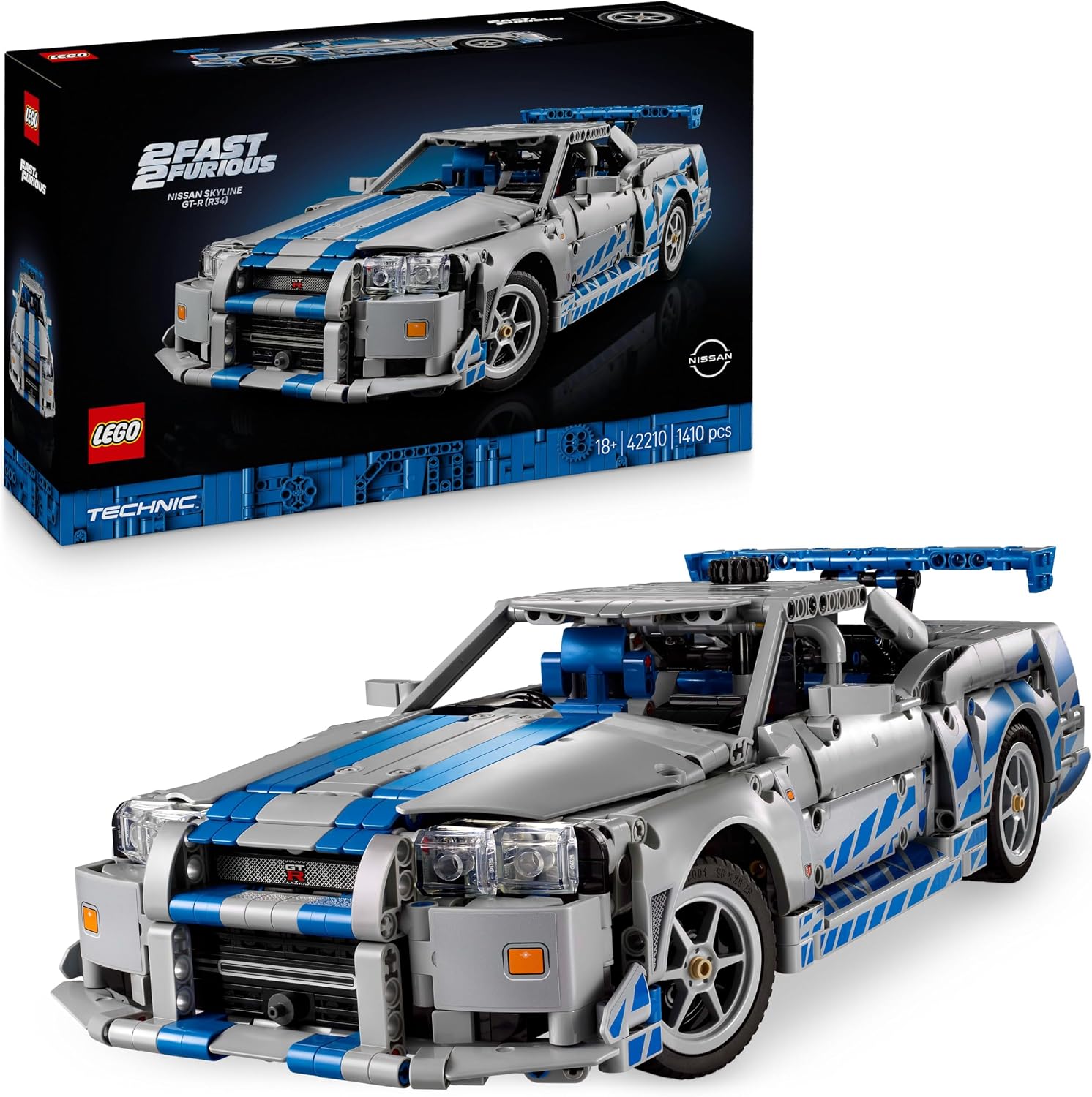 LEGO Technic 2 Fast 2 Furious Nissan Skyline GT-R (R34) Car Model Kit for Adults - incl. a Drift Function, Steering, Suspension & a 6-Cylinder Engine - Collectible Gift for Fans - 42210