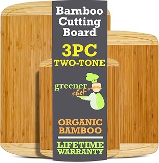 GREENER CHEF Organic Bamboo Cutting Board Set of 3 with Lifetime Replacements - Wood Cutting Board Set with Juice Groove - Wooden Chopping Board Set for Kitchen, Meat, Vegetables and Cheese