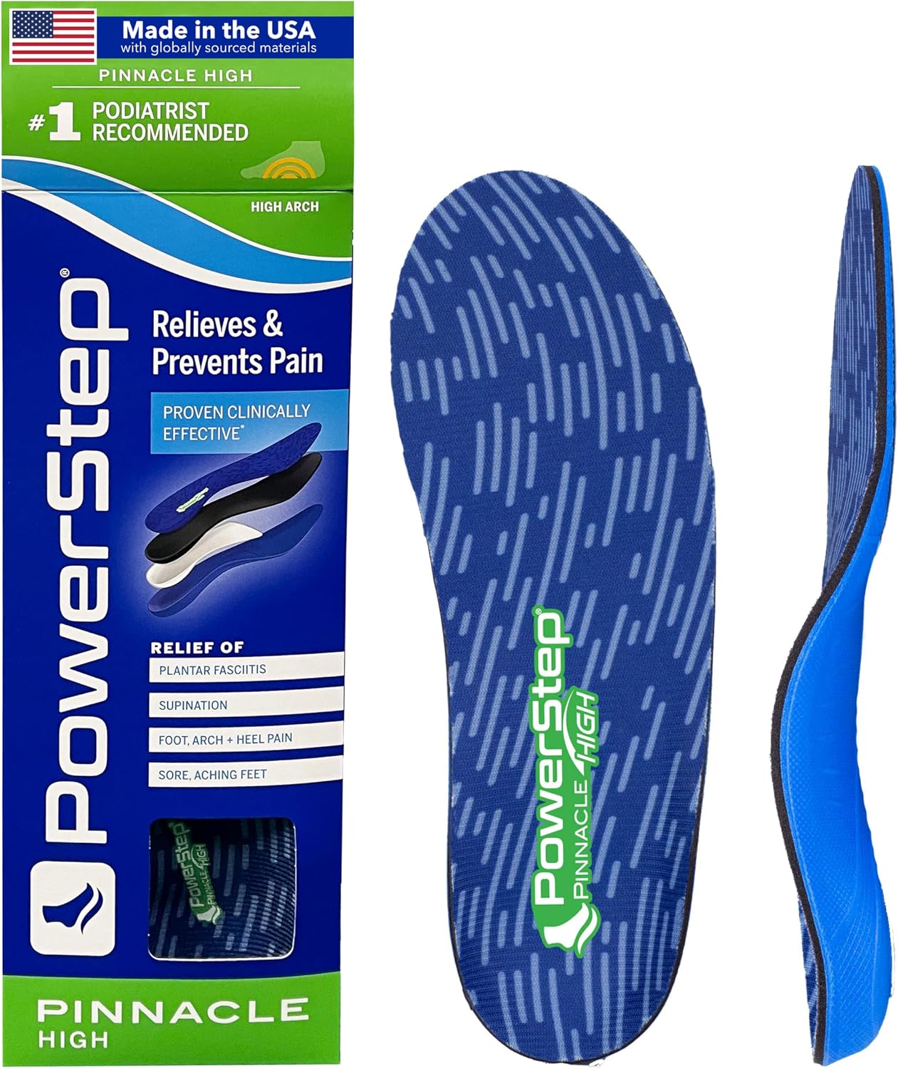 PowerStep Pinnacle High Arch Orthotics Insoles, High Arch Pain Relief, Plantar Fasciitis Relief, Supination, Supports Foot, Arch & Heel Pain, Made in The USA