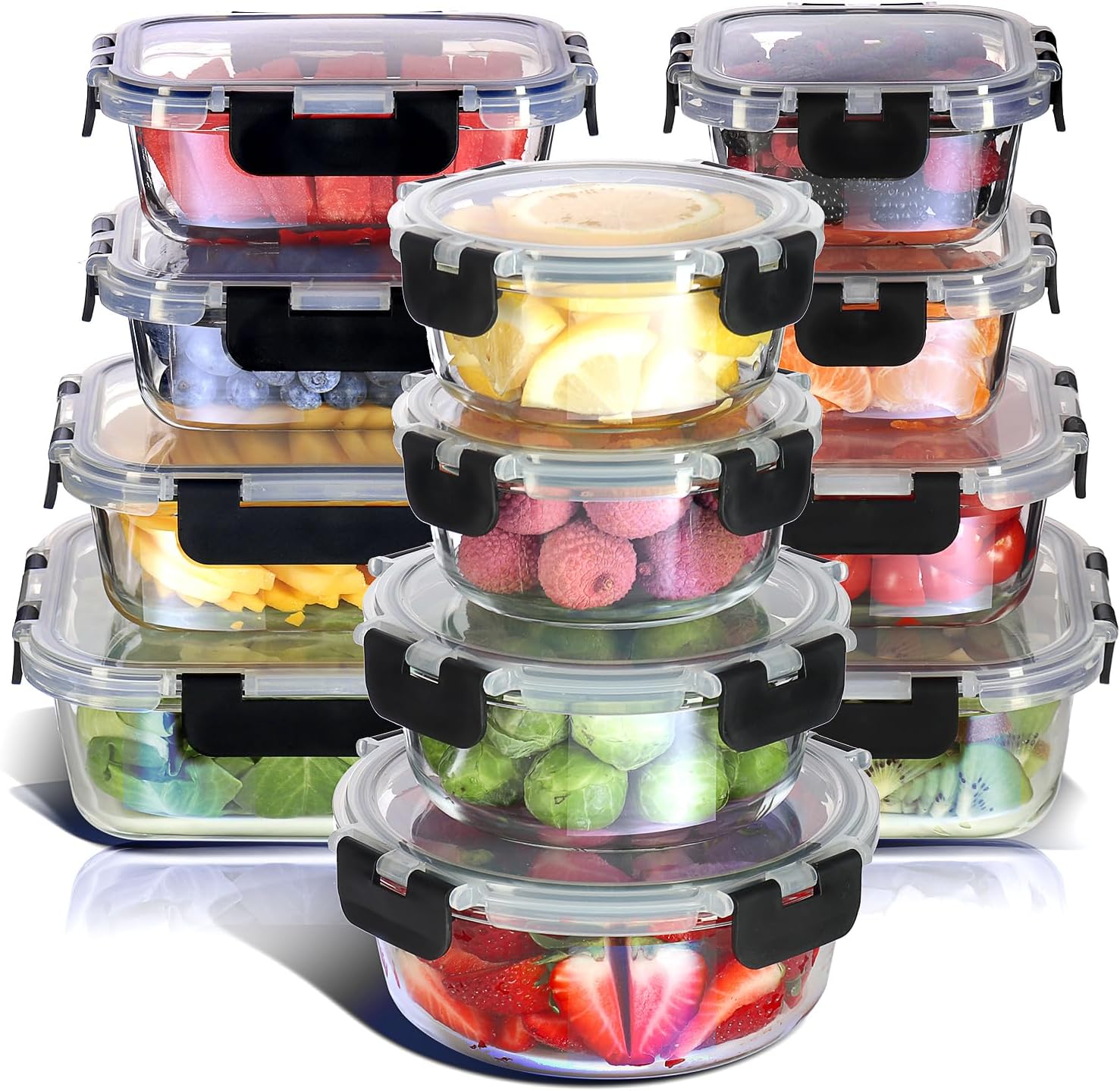 Nestl 24pc (12 Airtight, Freezer Safe Food Storage Containers and 12 Lids), Pantry Kitchen Storage Containers, Glass Meal Prep Container for Lunch, Glass Storage Containers with Lids Black