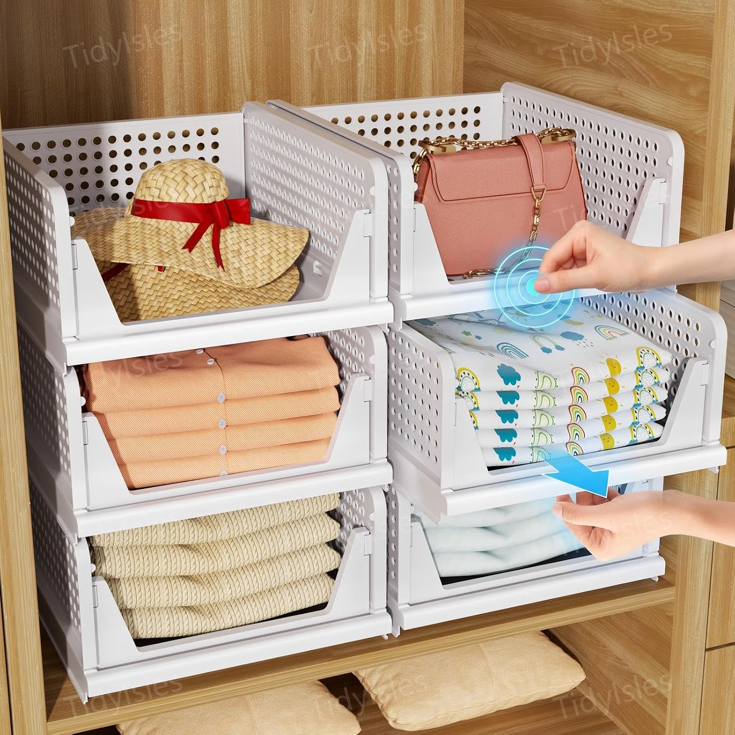 TidyIsles Wardrobe Storage Organiser, 4 Pack Folding Closet Organisers, Stackable Storage Boxes, Plastic Drawer Organiser Basket for Bedroom Kitchen Bathroom White | Folding Stackable Storage Boxes, Plastic Drawer Organiser Basket for Bedroom Kitchen Bathroom White