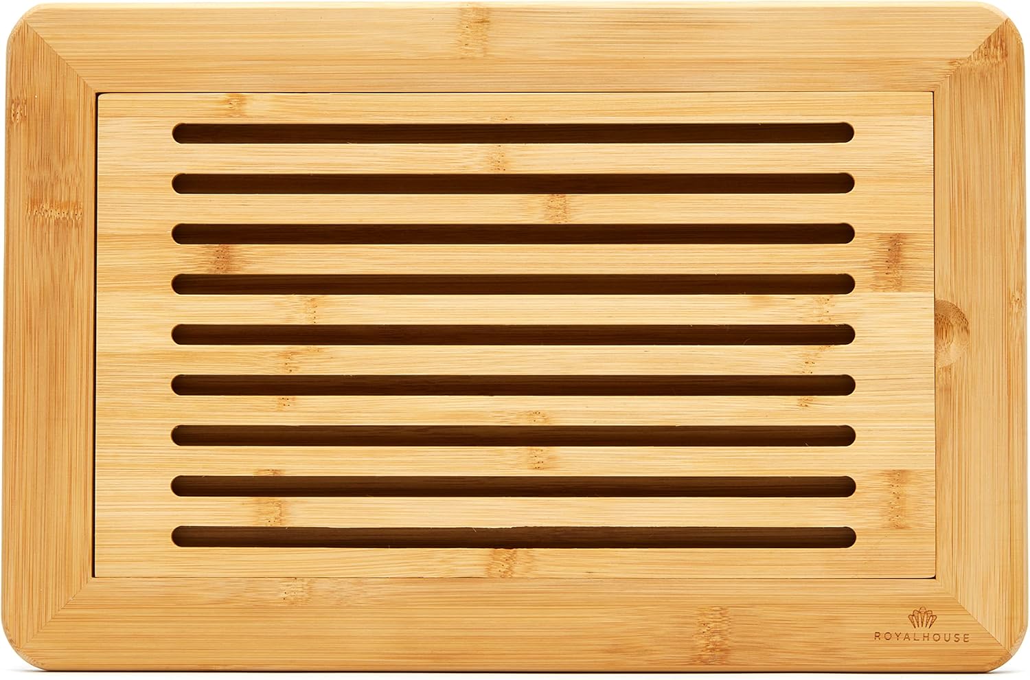 RoyalHouse Large Premium Natural Bamboo Bread Cutting Board with Crumb Tray, Bread Serving Tray for Kitchen