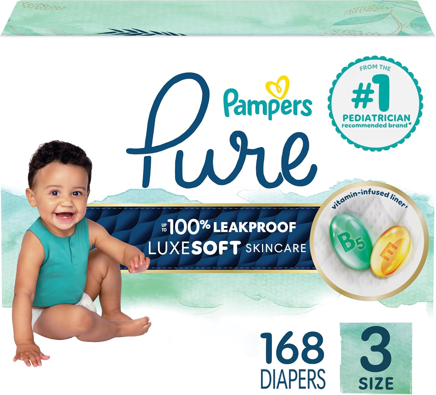 Pampers Pure Protection Baby Diapers, Size 3 (16-28 lbs), 168 Count, Up to 100% Leakproof, Premium Plant-Based Skin Protection, Hypoallergenic Soft Diapers
