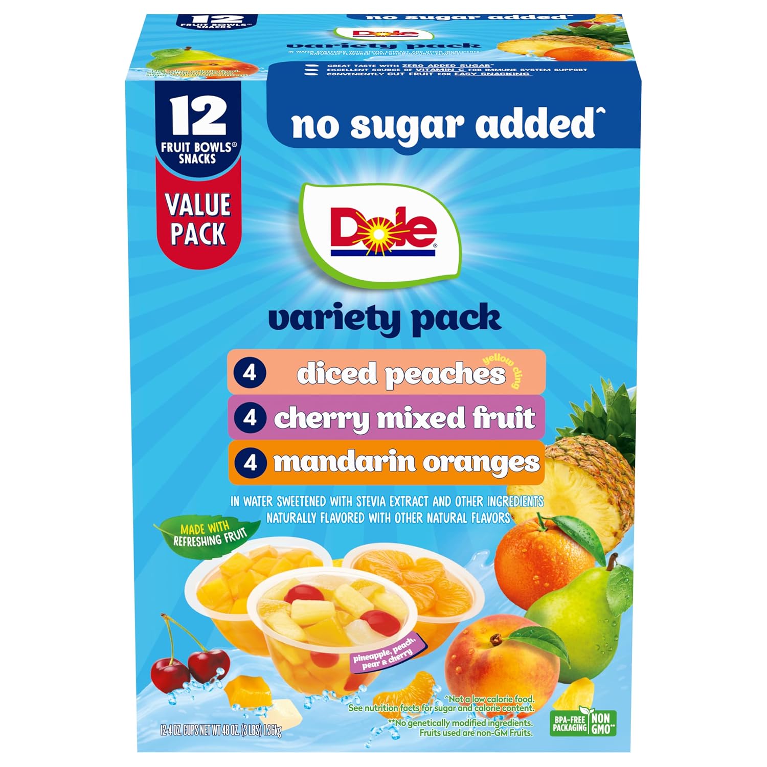 Dole Diced Peaches, Mandarin Oranges & Cherry Mixed Fruit, 4 oz, 12 Pack