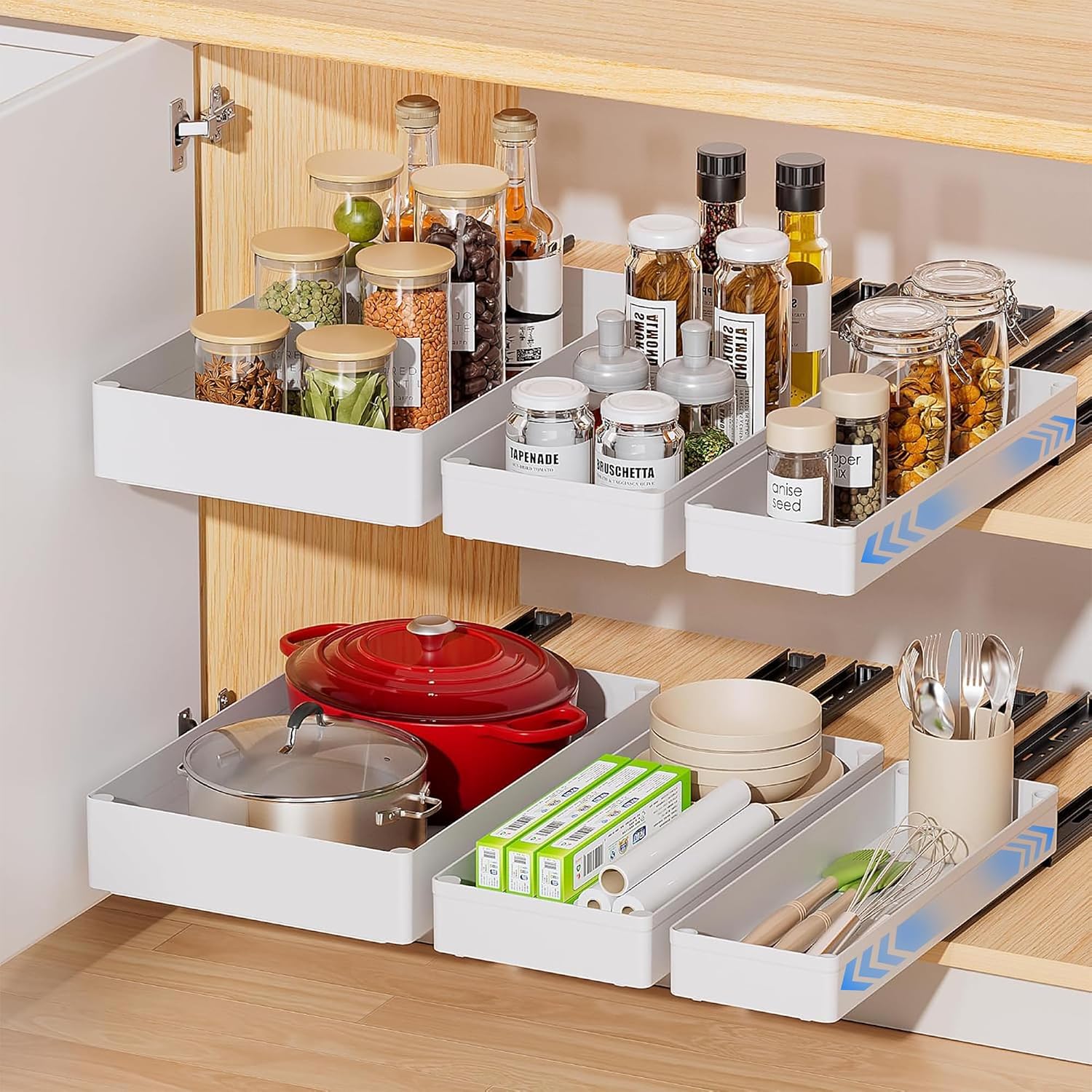 Kssvzz 3 Pack Pull Out Cabinet Organiser, Pull Out Drawers for Kitchen Cupboards, Slide Out Drawers Shelf Fixed with Adhesive Film for Kitchen Cabinets, Pantry, Bathroom Storage