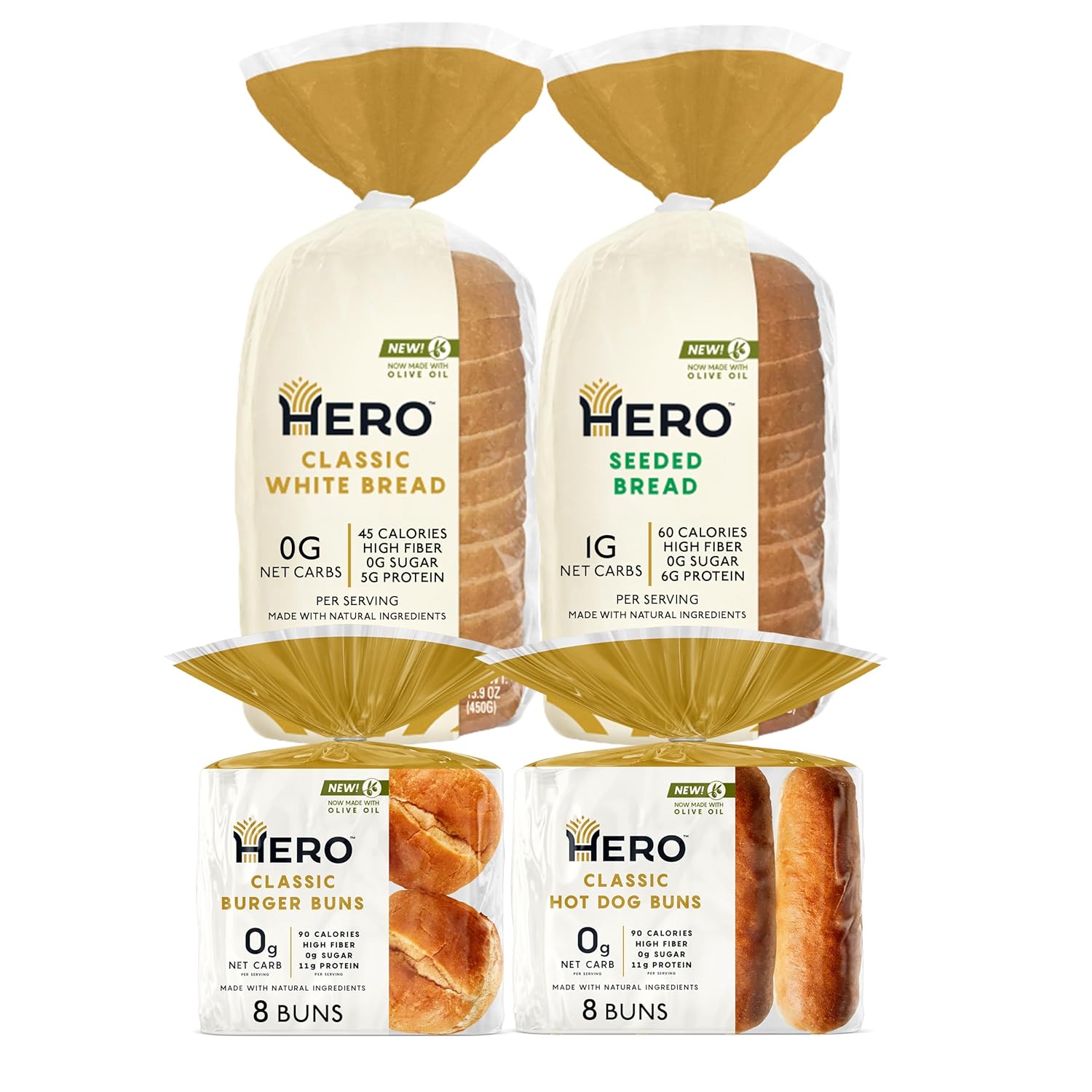 Hero Bread Find Your Hero Bundle — 1g Net Carb Seeded Bread and 0g Net Carb White Bread, Hamburger Buns, & Hot Dog Buns | 0g Sugar, High Fiber, <100 Calories per serving | Net Low Carb & Keto-Friendly