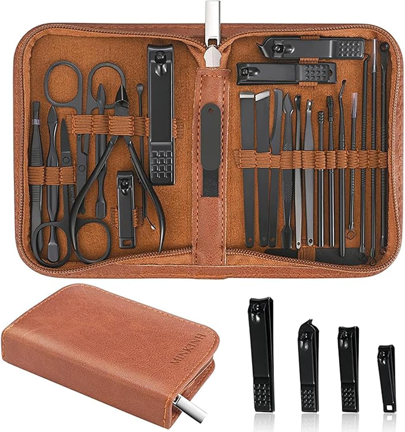 MINKINH Manicure Set Professional Nail Clipper Kit-26 Pieces, Brown | Stainless Steel Manicure Kit, Nail Care Tools with Travel Case for Men & Women, Hand & Foot Care, Gift for Family & Friends