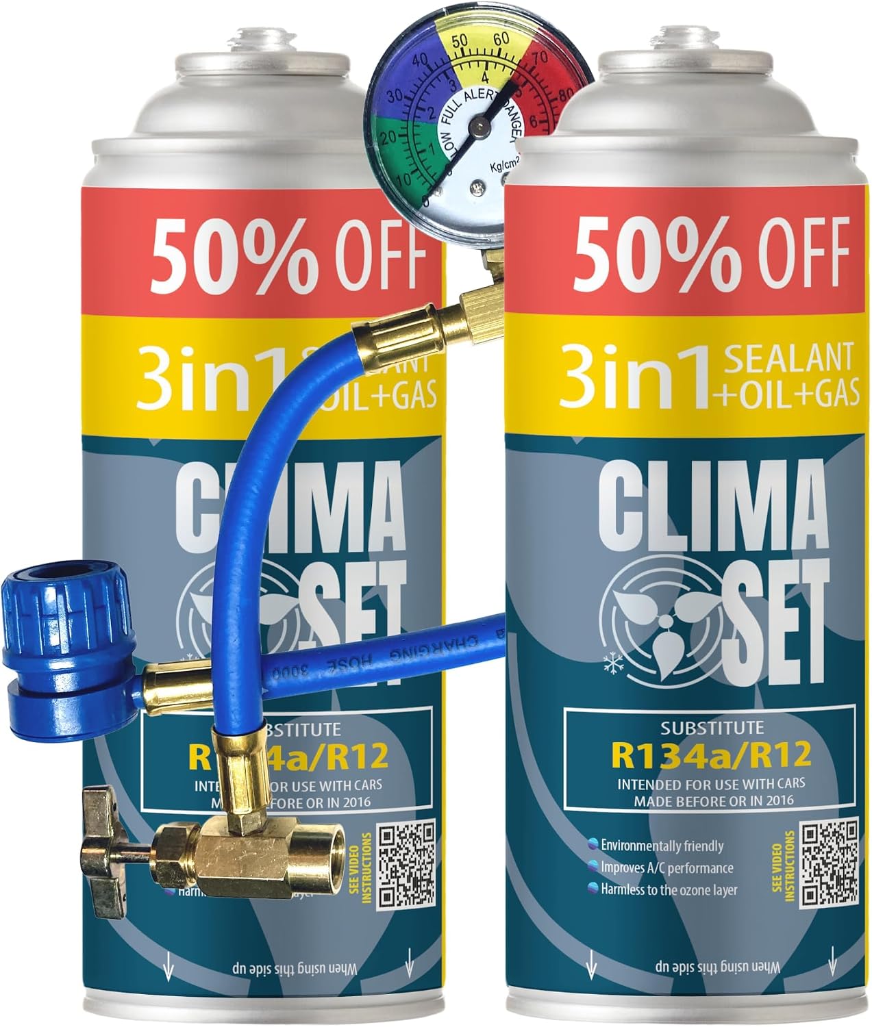 ClimaSet Replacement of 3in1 refrigerant gas R134a 2x235 g for Air conditioning with hose, pressure gauge and HP/LP adapter for air conditioning - Car air conditioning recharge - ECO