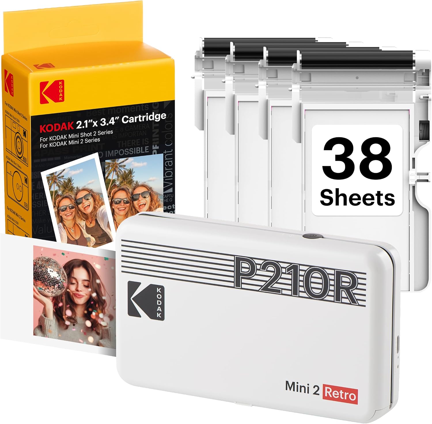 KODAK Mini 2 Retro 2x3 Portable Photo Printer, 4PASS, 38 Sheets, White | Bluetooth, iPhone & Android Smartphone Compatible, Smudge-Proof, Water-Resistant, Fade-Resistant.