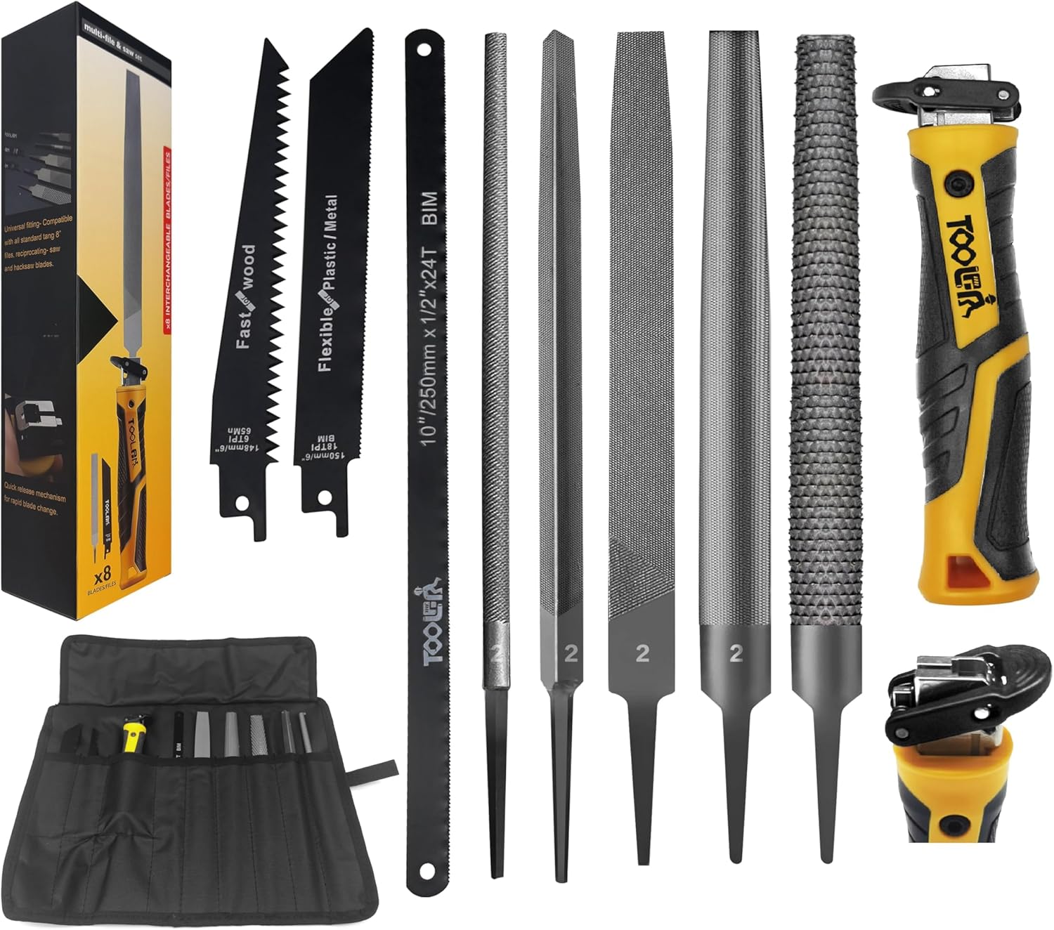 Metal Files Saw Set & 8-in-1 Needle File with Storage Box Professional Steel File Triangle/Flat/Half-Round/Round Files for MetalWoodPlastic,Woodworking, Blade Quick Change Mechanism.