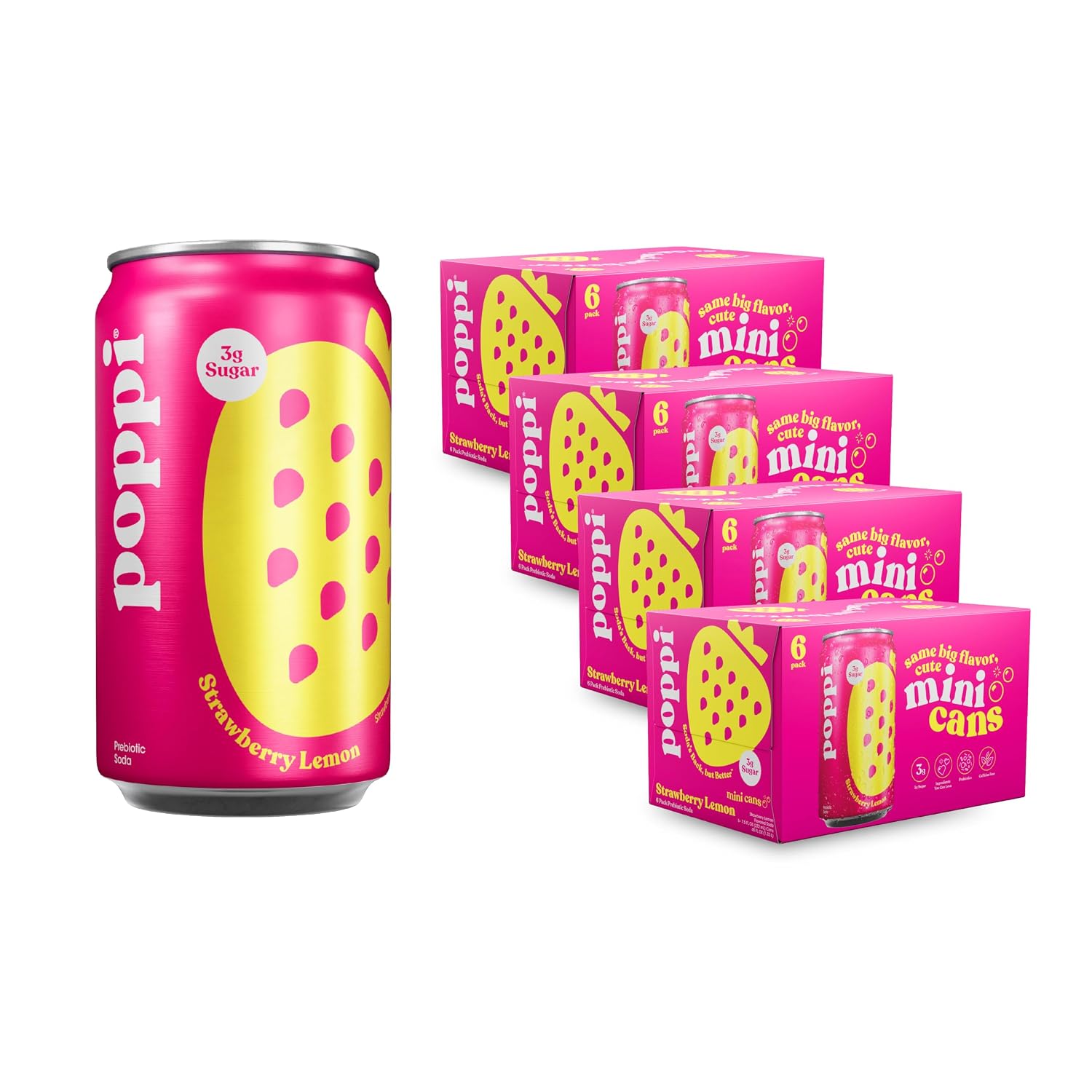 Poppi Prebiotic Soda, Strawberry Lemon, 7.5 Fl Oz Mini Can, 24 Pack