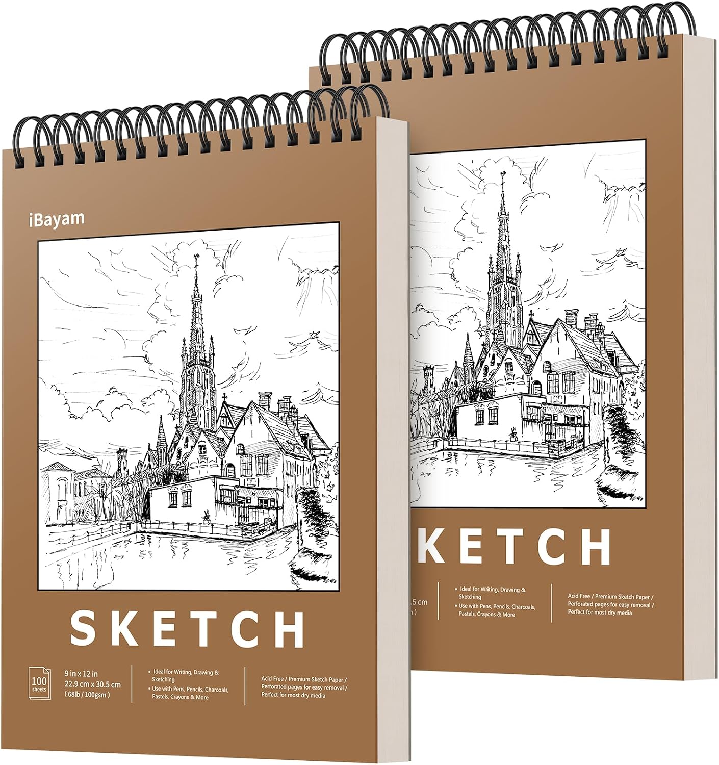 iBayam 9" x 12" Premium Sketch Book Set, 2-Pack Spiral Bound Drawing Paper, 200 Sheets (68lb/100gsm) Sketchbook, Acid-Free Art Drawing Painting Sketching Pad Supplies for Kids, Teens, Adults, Artists