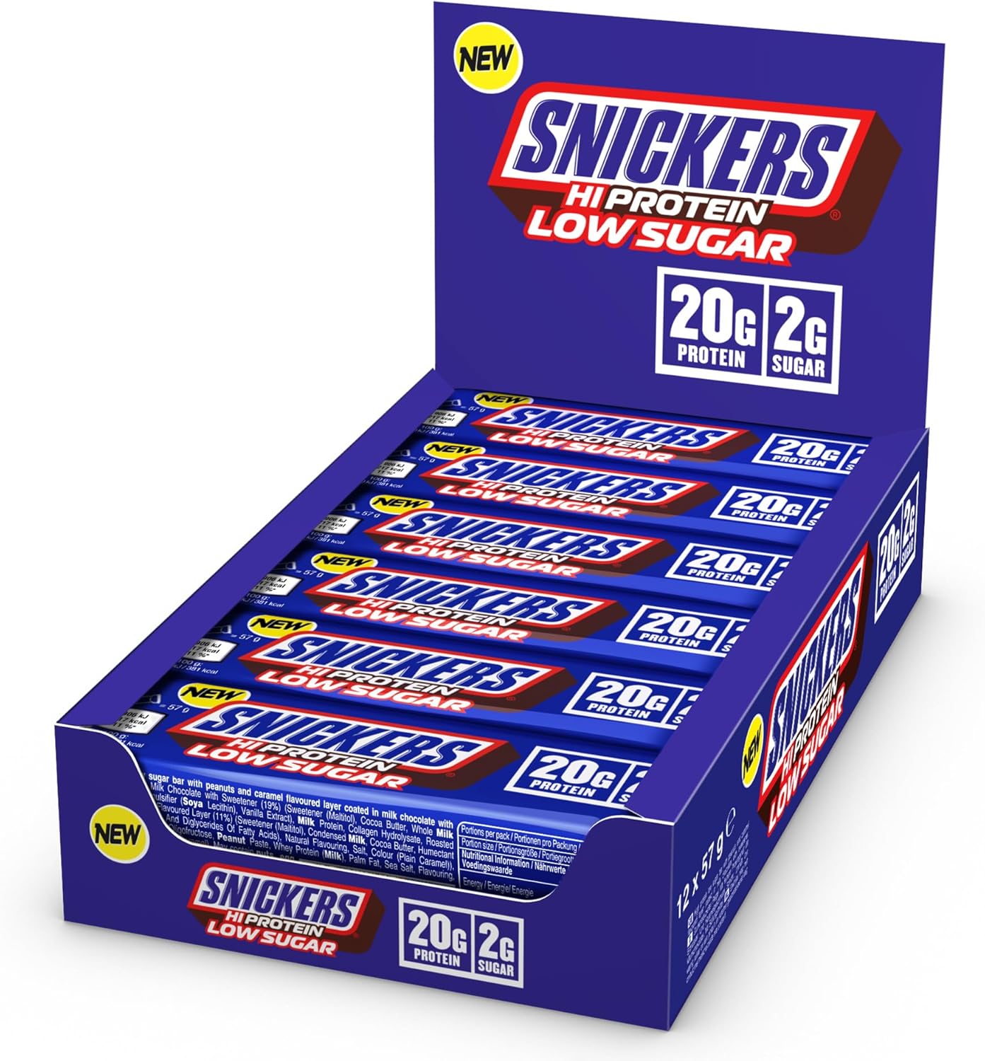 Snickers - Milk Chocolate Low Sugar Protein Bars | 12 x 57g Pack, Only 2g of Sugar per bar, Hi Protein Energy Snack, 20g Protein