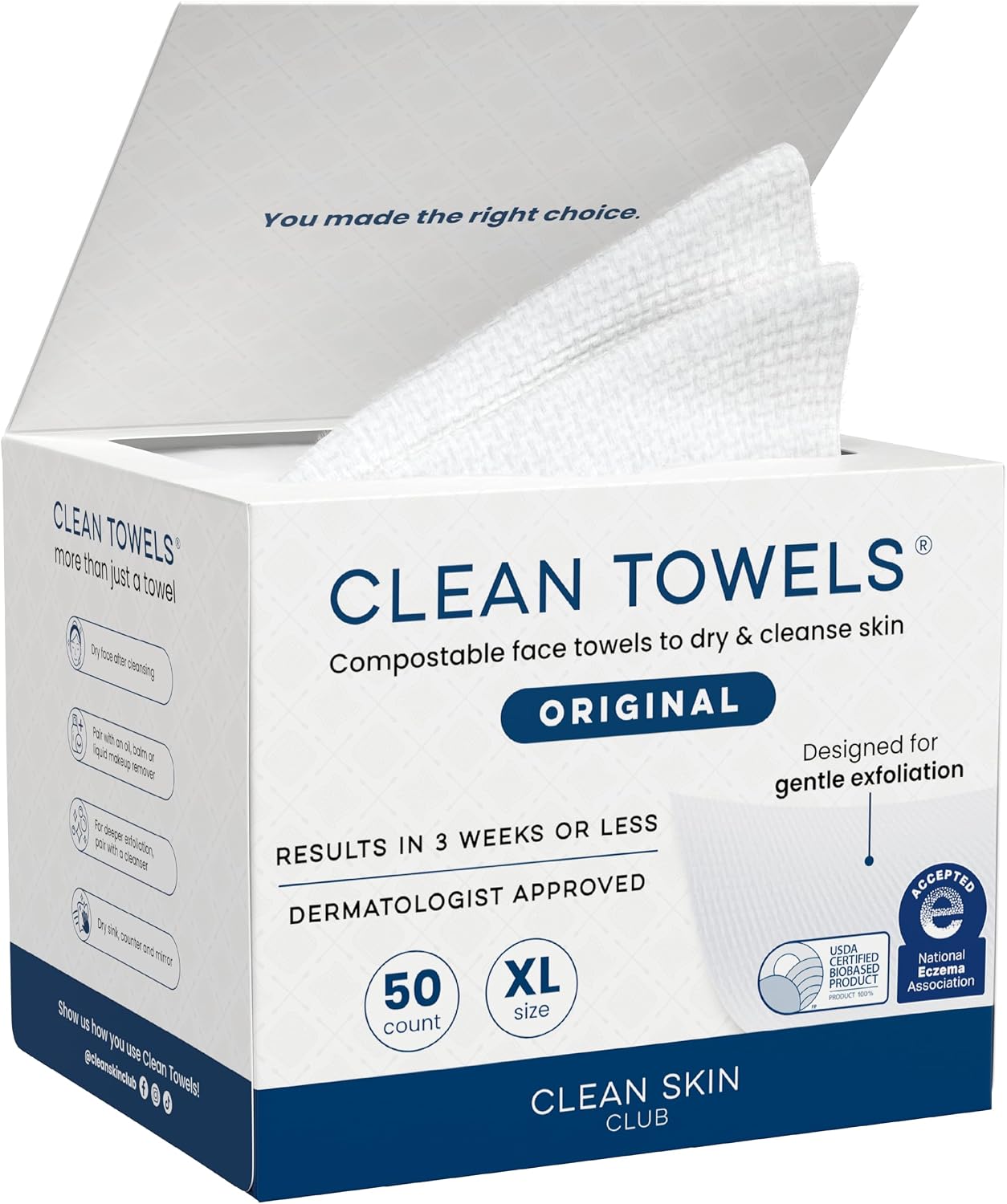 Clean Skin Club Clean Towels XL®, 100% USDA Biobased Face Towel, Disposable Face Towelette, Eczema Association Accepted, Makeup Remover Dry Wipes, Ultra Soft, 1 Pack, 50 Ct