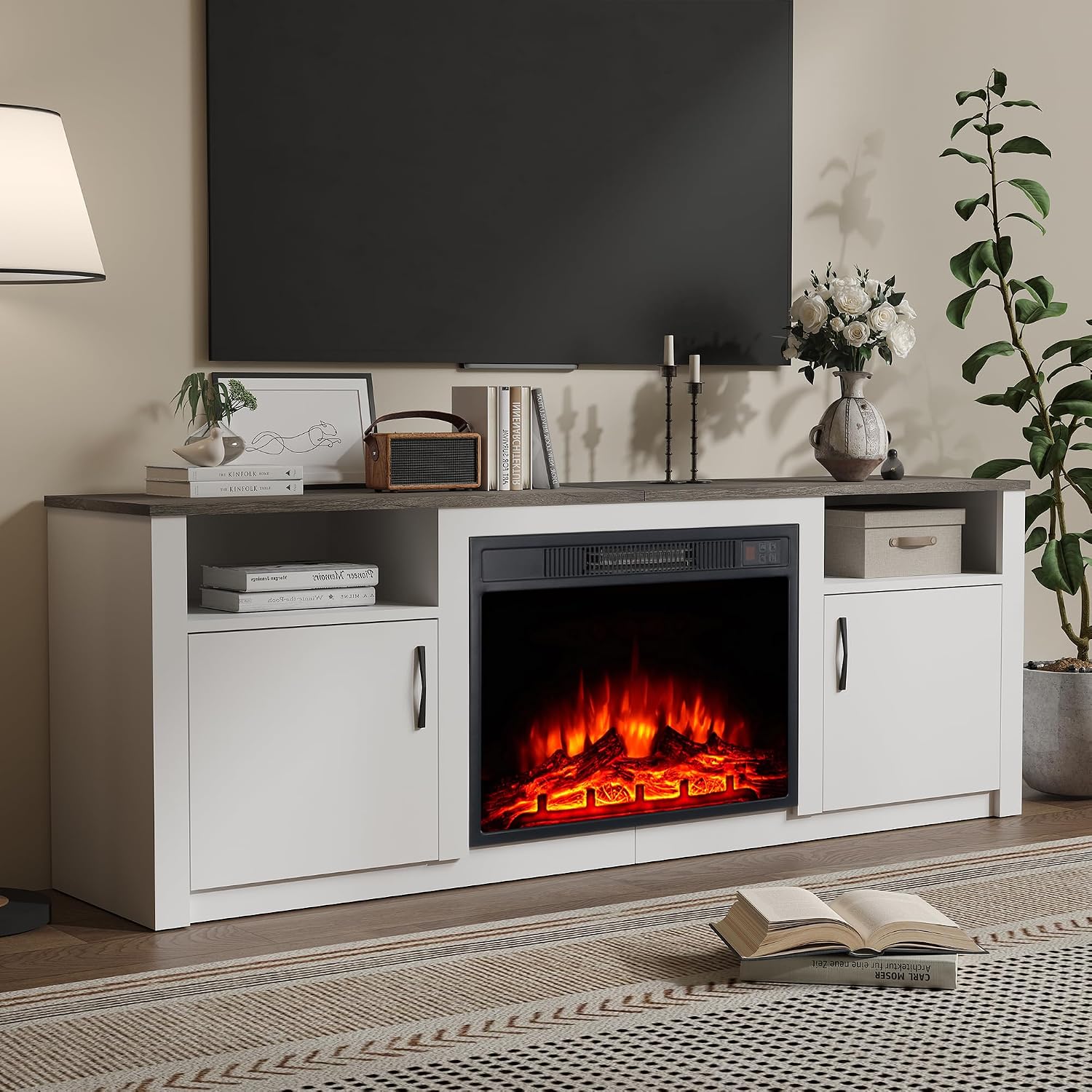 M.C.Haus 157cmW TV Stand 23" Electric Fireplace Modern Entertainment Centre with Realistic 3D Flame Effect, Overheat Protection & Remote Control, Wooden Console Table for Living Room