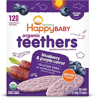 Happy Baby Organics Baby Snacks, Gentle Teething Wafers, Gluten Free & Vegan, Blueberry & Purple Carrot, 12 Count (Pack of 6)