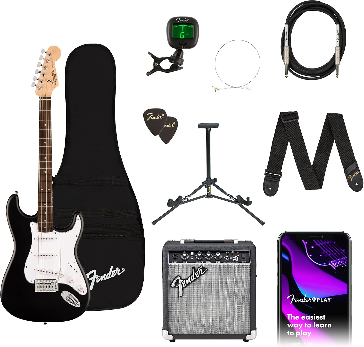 Squier by Fender Debut Stratocaster Beginner Electric Guitar Pack, Black