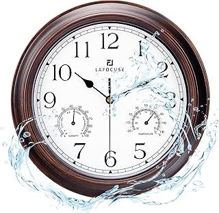 Lafocuse Outdoor/Indoor Waterproof Wall Clock with Thermometer and Hygrometer Combo,Silent Kitchen Mahogany Color Wall Clocks Decorative for Patio Porch Garage 12 Inch-Version 2.0