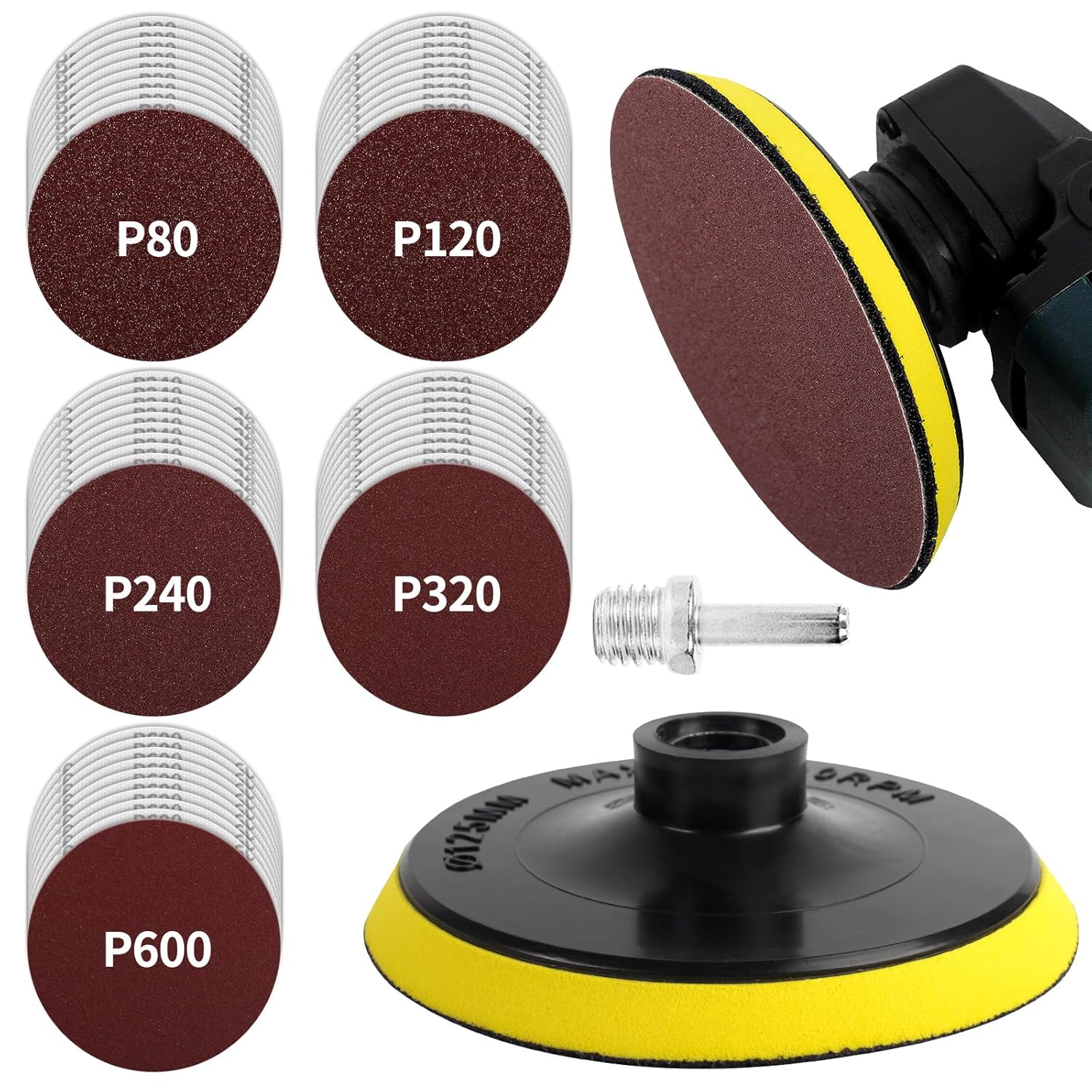 Pomsare 5 Inch Hook and Loop Backing Pad with 50PCS Sanding Discs, Angle Grinder Attachments with 5/8-11 Threads, Sanding Pad for Wood Buffing Polishing(80/120/240/320/600 Grit)