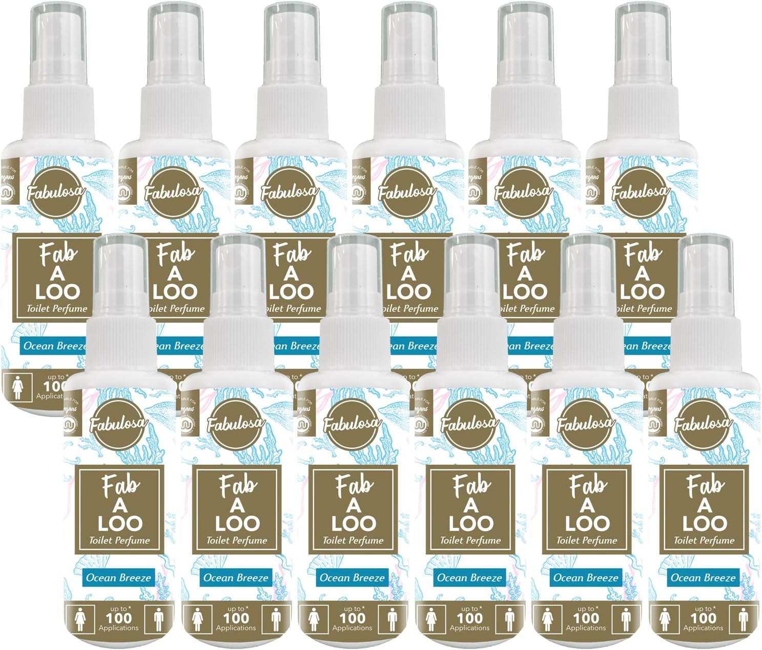 Fabulosa Fab-A-Loo Odour Remover, Compact Toilet Air Freshener Perfume Spray, 60ml, 12 Pack, Ocean Breeze