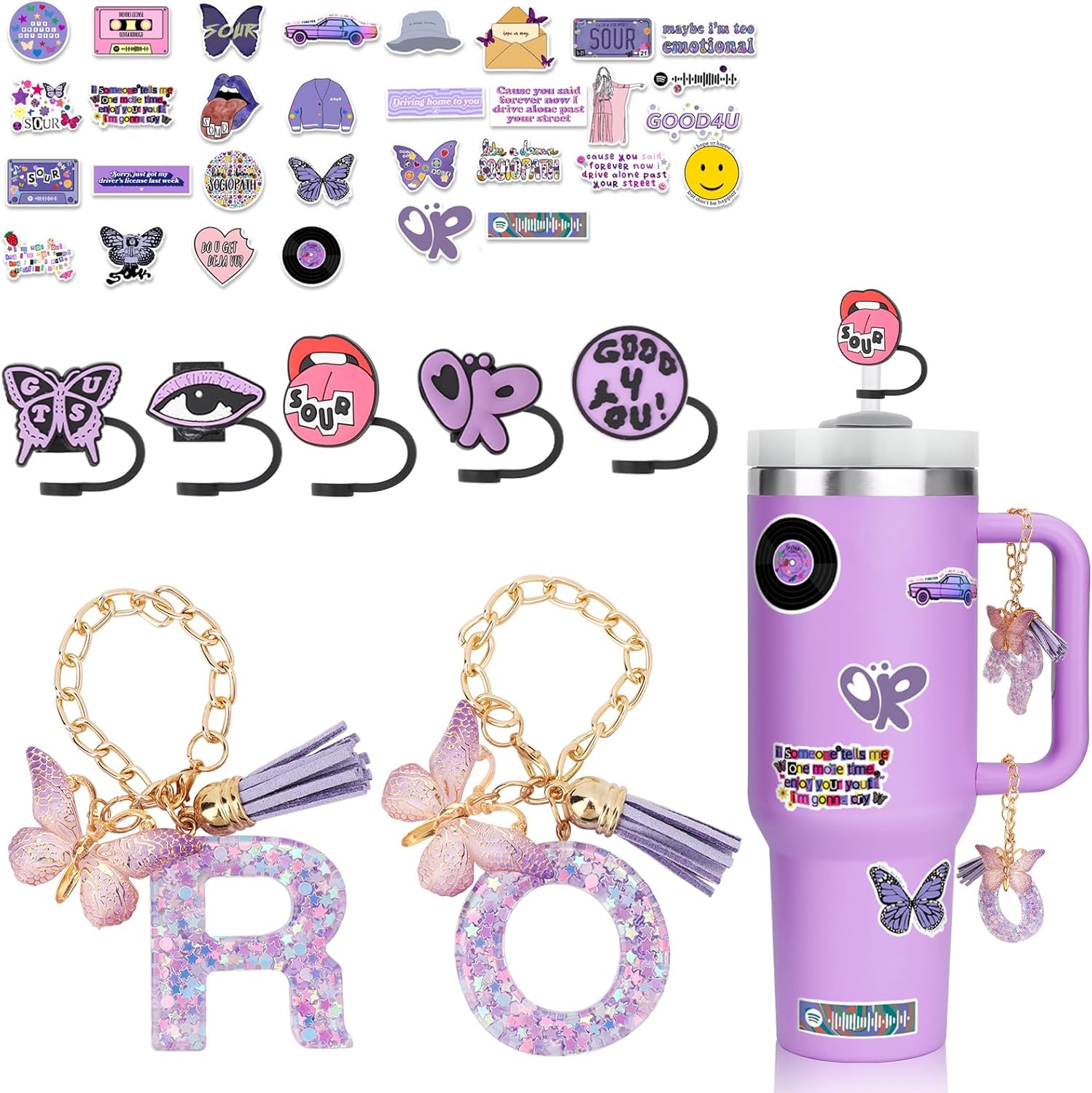 WALLFID Cup Accessories Set induces 5pcs Silicone Straw Covers and 50 Pack Pop Singer Stickers,2pcs Letter Charm,for 40oz Tumbler with Handle,Cup Purple Charm Gift for Fans Girls
