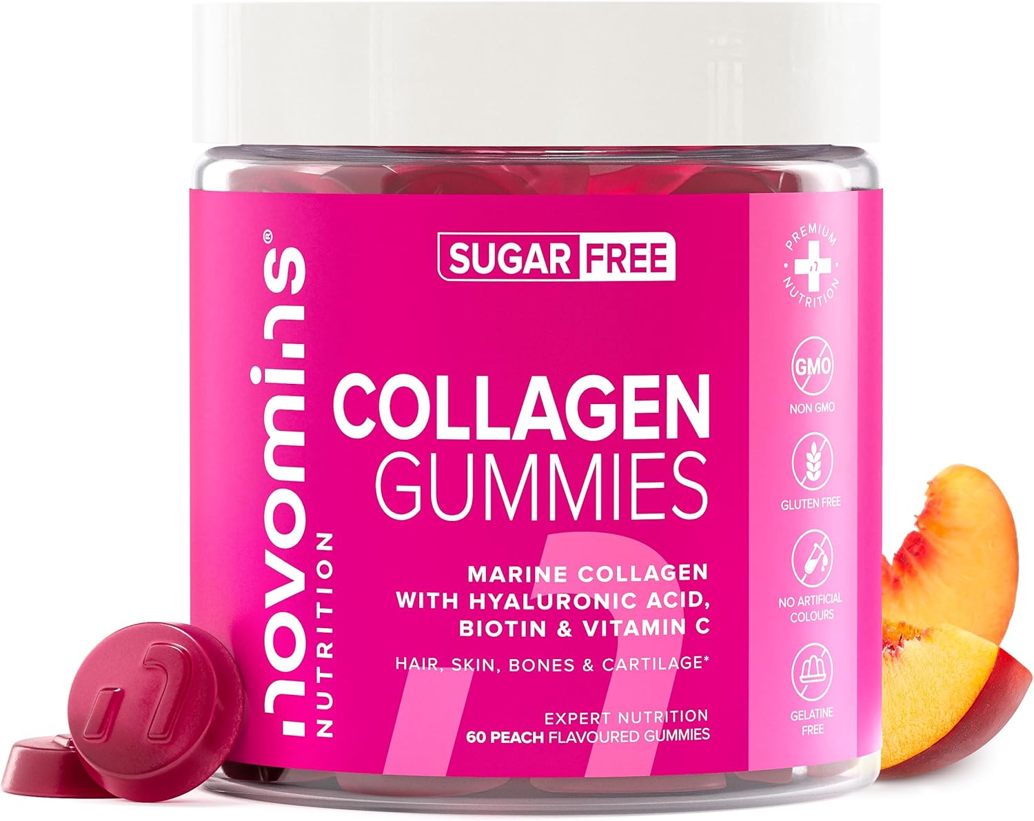 Collagen Gummies - Sugar Free - with Hyaluronic Acid, Vitamin C & Biotin - Collagen Supplements for Women & Men - More Convenient Than Collagen Powder - 60 Marine Collagen Gummies - Novomins