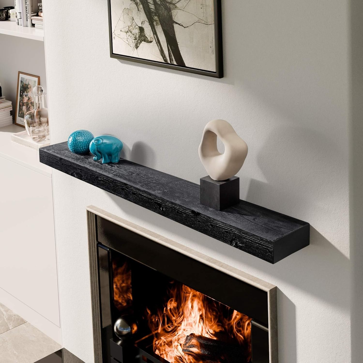 BoscoMondo Solid Wood Fireplace Mantel Shelf, Floating Mantle for Living Room, Farmhouse Rustic Wood Mantel, Easy Wall Mount with Heavy-Duty Metal Bracket (66", Intense Black)
