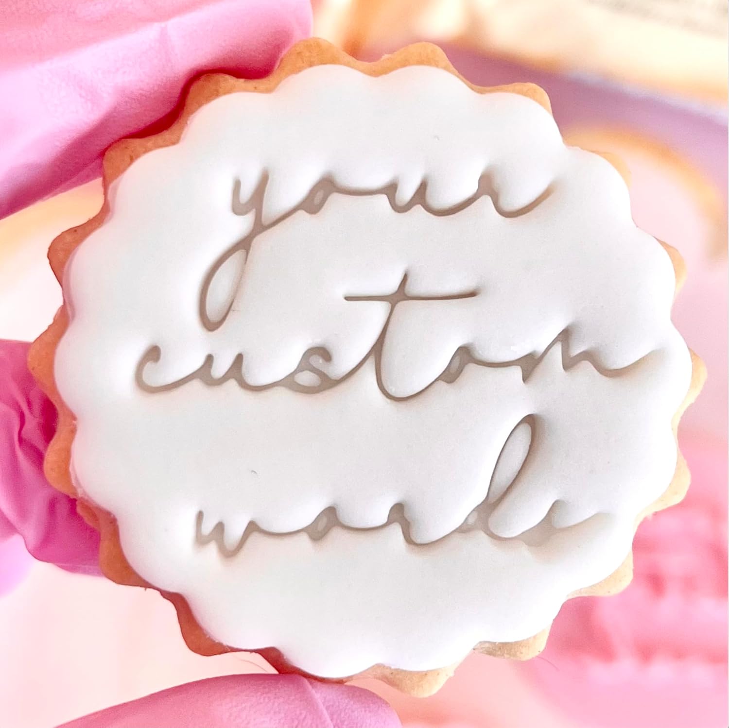 Customised Fondant Stamp Embosser, fits M&S Biscuits Cookies Personalised to Any 3 Words Birthday Wedding Hen Party Baby Shower Marks and Spencers with Free Cutter