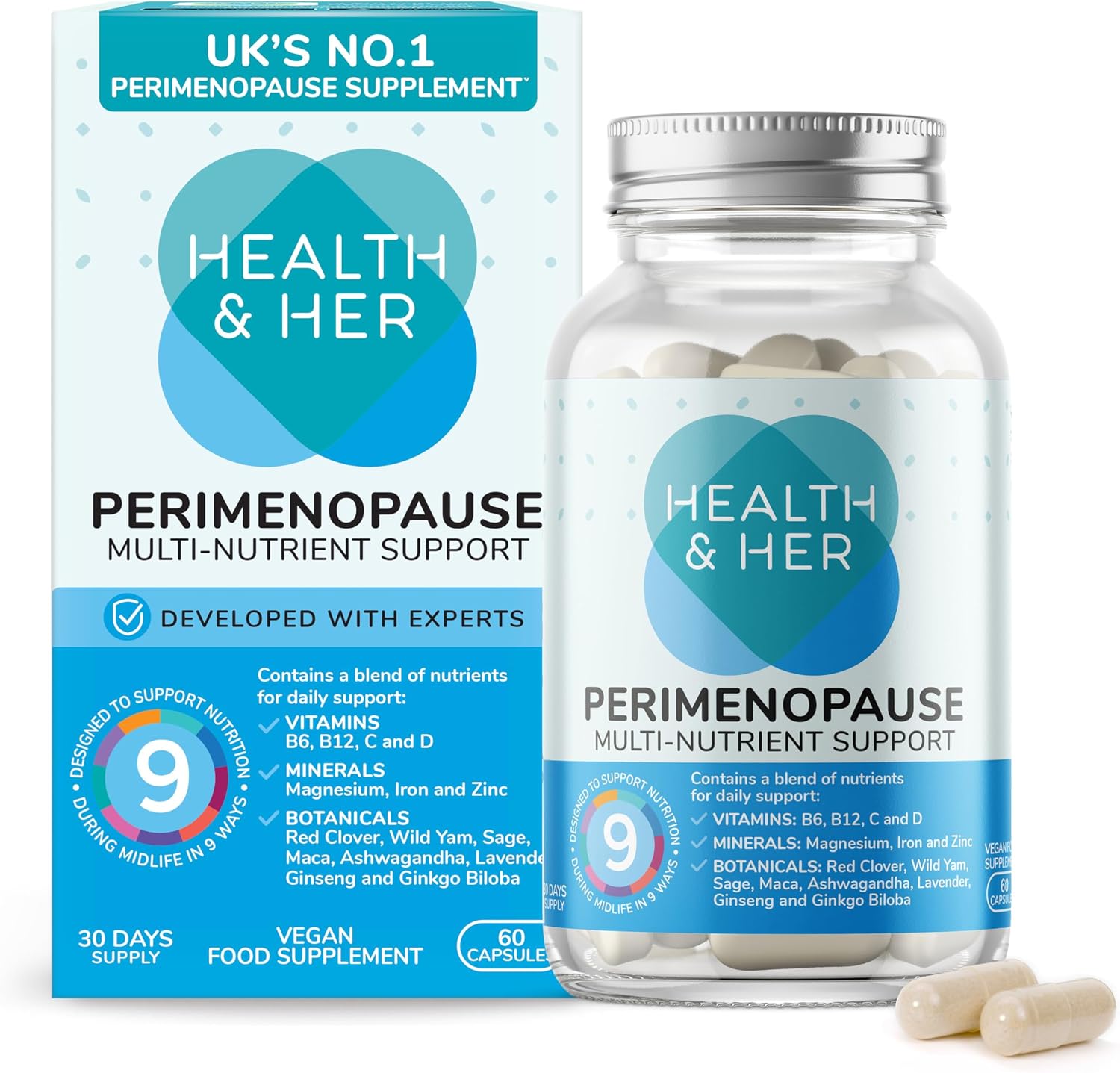 Health & Her Perimenopause Supplements for Women - with Red Clover, Wild Yam Ashwagandha. Wellbeing Support for The Early Stage of Menopause - 1 Month Supply, 60 Capsules - Vegan & Gluten Free