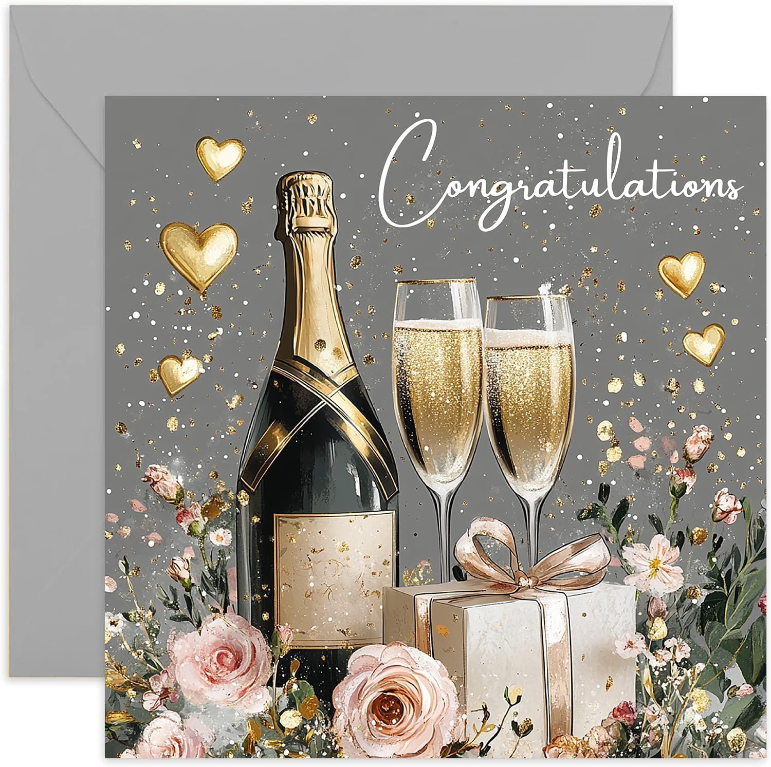 Special Congratulations Greeting Card for Couple Celebrating Wedding Anniversary, Engagement Announcement, Wedding day - Premium Square Card with Champagne and Gold Hearts Design