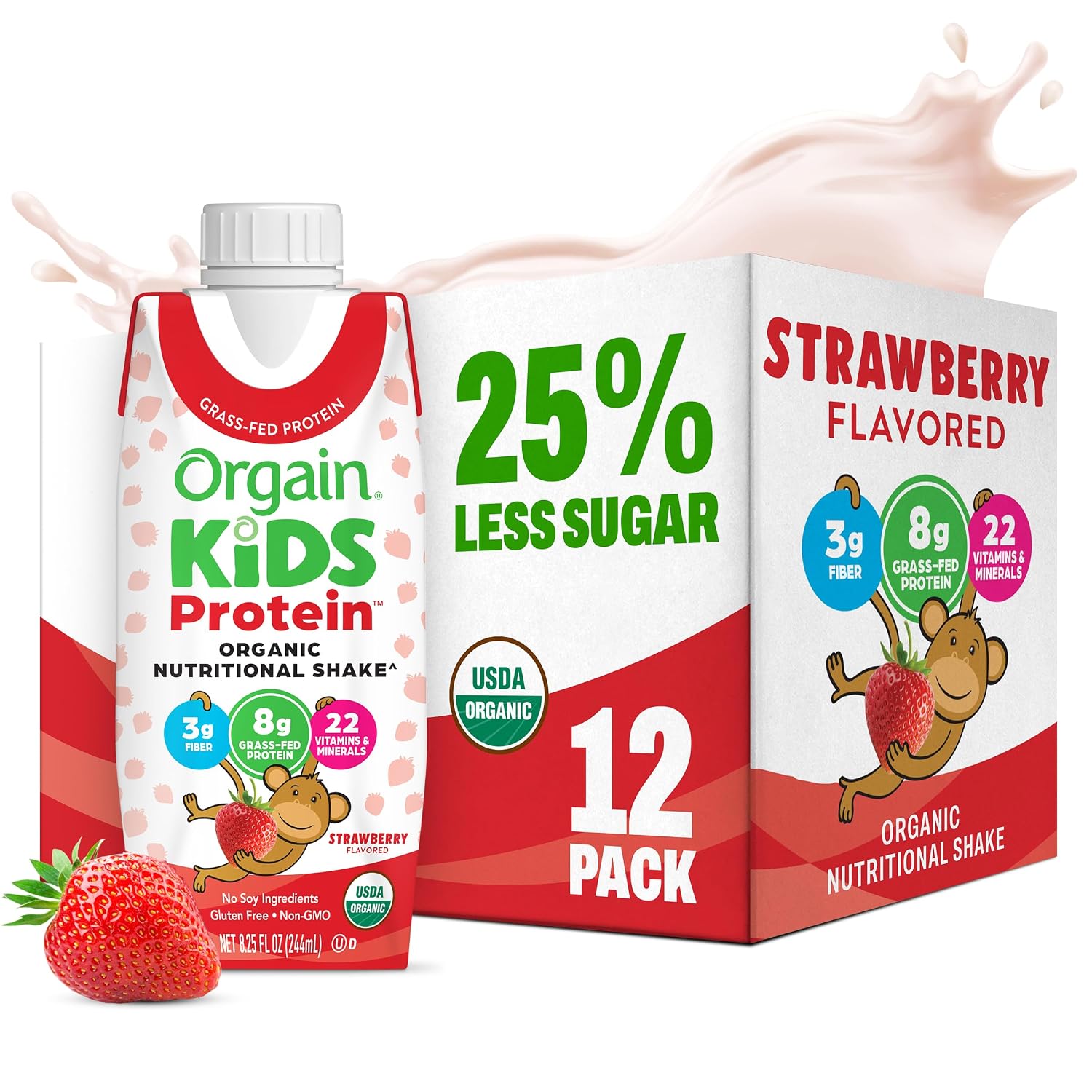 Orgain Organic Kids Dairy 8g Protein Shake, Strawberry, 8.25 oz, 12pk