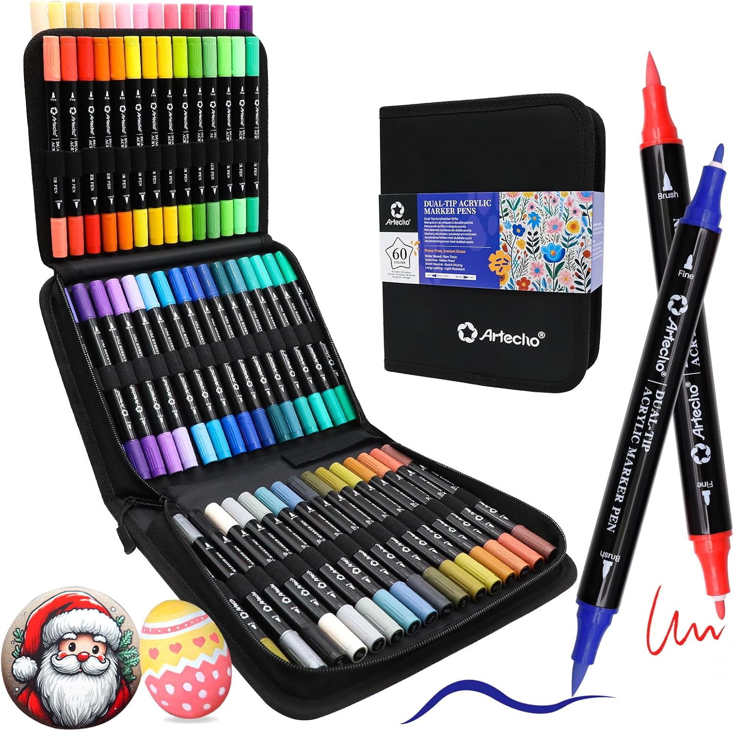 Artecho Acrylic Paint Markers 60 Colors with Bag（ Brush Tip and Fine Tip ）