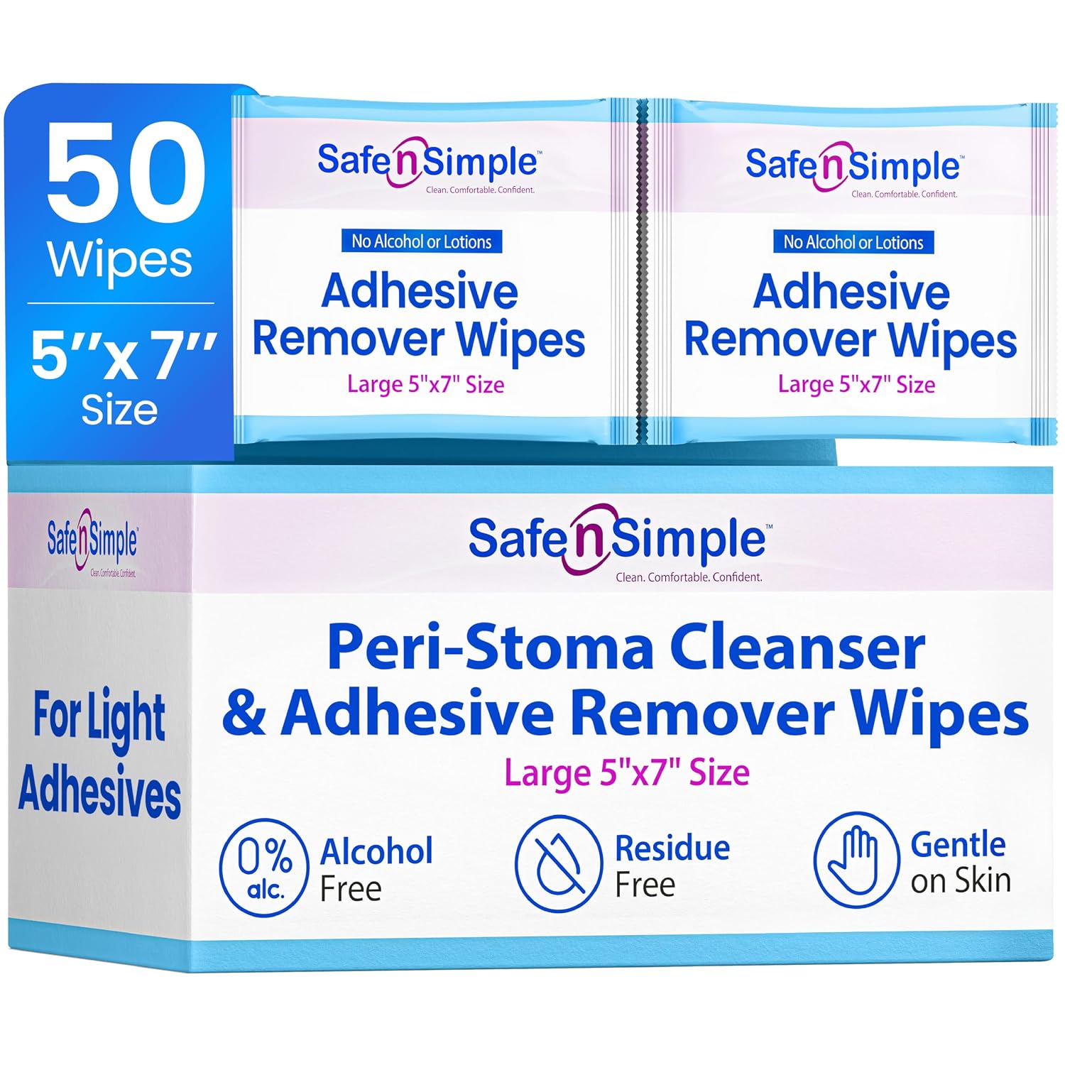 Safe n’ Simple Adhesive Remover for Skin - 5" x 7" - 50 Individual Wipes