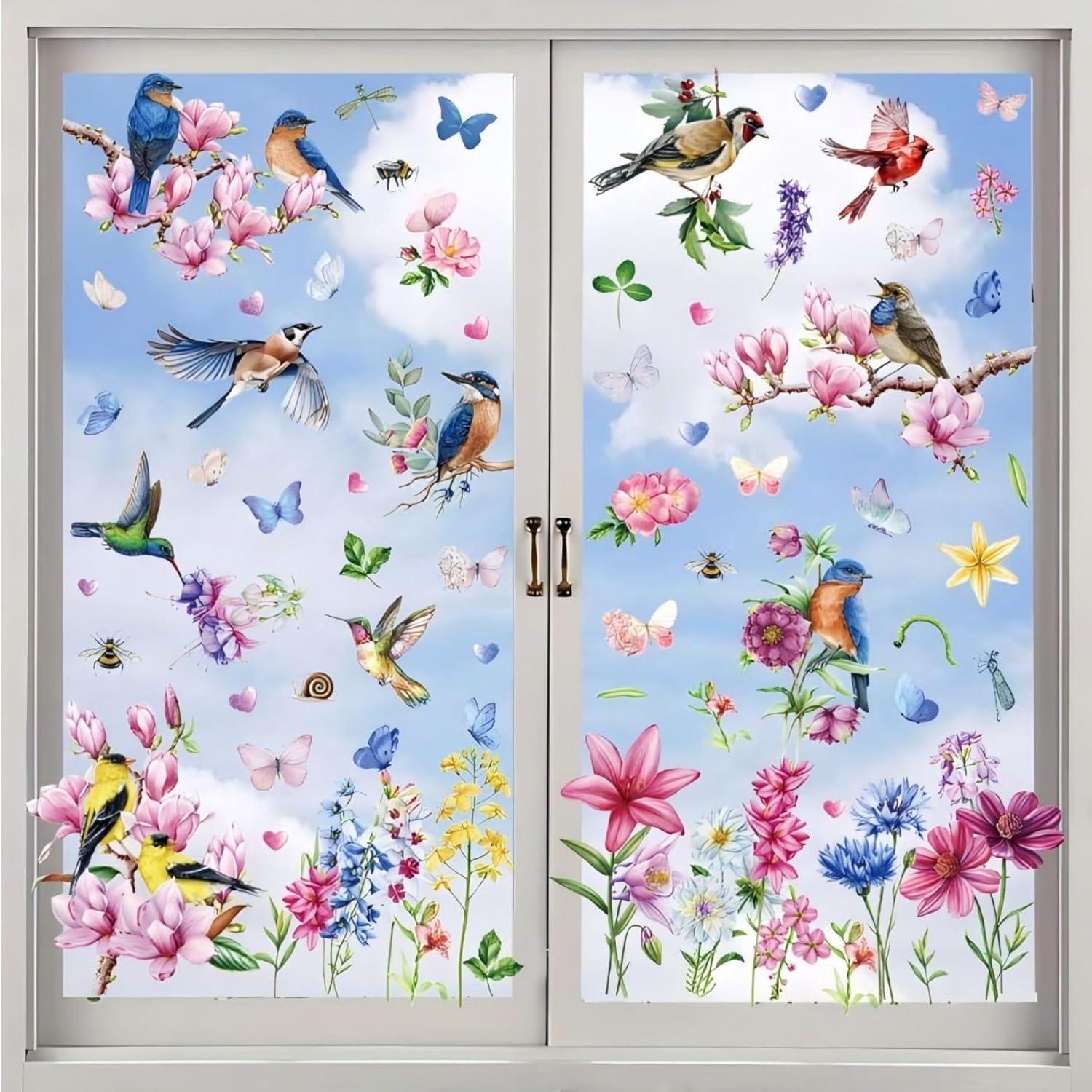Lekabee Spring & Summer Window Clings, Flower Butterfly Tree Branch Hummingbird Window Stickers Decorations for Glass Windows,Flower Window Stickers for Seasonal and Home Decor Delight