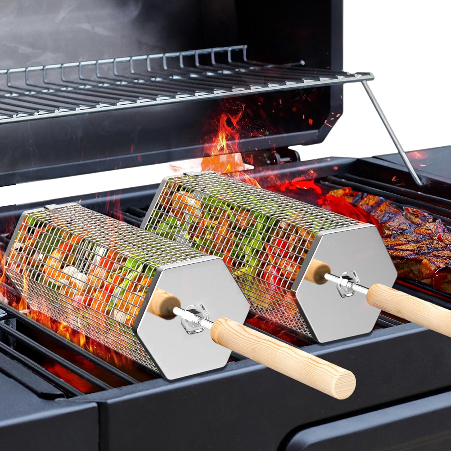 Rolling Grill Baskets (2PCS, Hexagon), Removable Wooden Handle, 304 Stainless Steel, Nesting Grilling Net, BBQ Accessories Tools for Vegetables Shrimp, Outdoor Cooking Camping, Birthday Gifts for Men Dad Husband