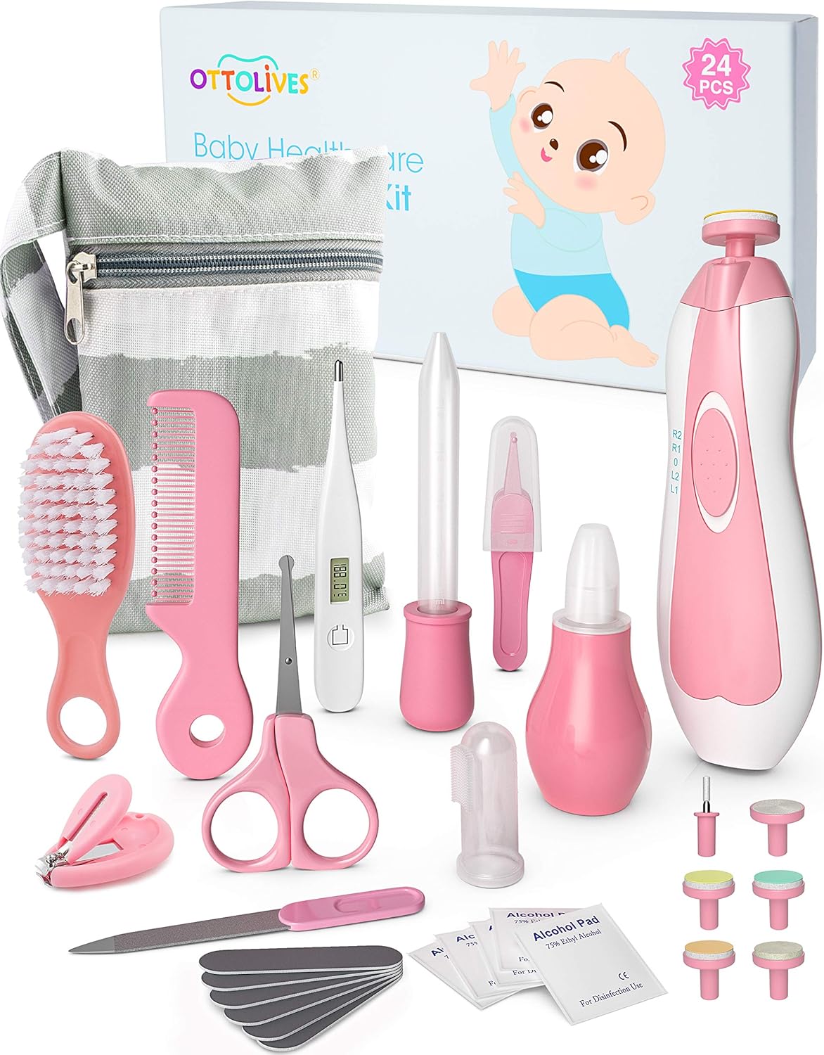 OTTOLIVES Baby Healthcare and Grooming Kit, 24 in 1 Baby Electric Nail Trimmer Set Newborn Nursery Health Care Set for Newborn Infant Toddlers Baby Boys Girls Kids Haircut Tools (0-3 Years+) (Pink)