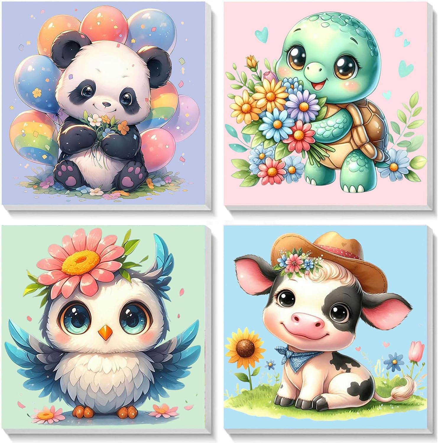 4 Pack Animal Paint by Numbers for Children with Wooden Frame-Turtle Owl Cow Panda Paint by Numbers Kids Ages 4-8-12,DIY Painting by Numbers for Kids Acrylic Oil Canvas for Home Wall Decor(8X8inch)