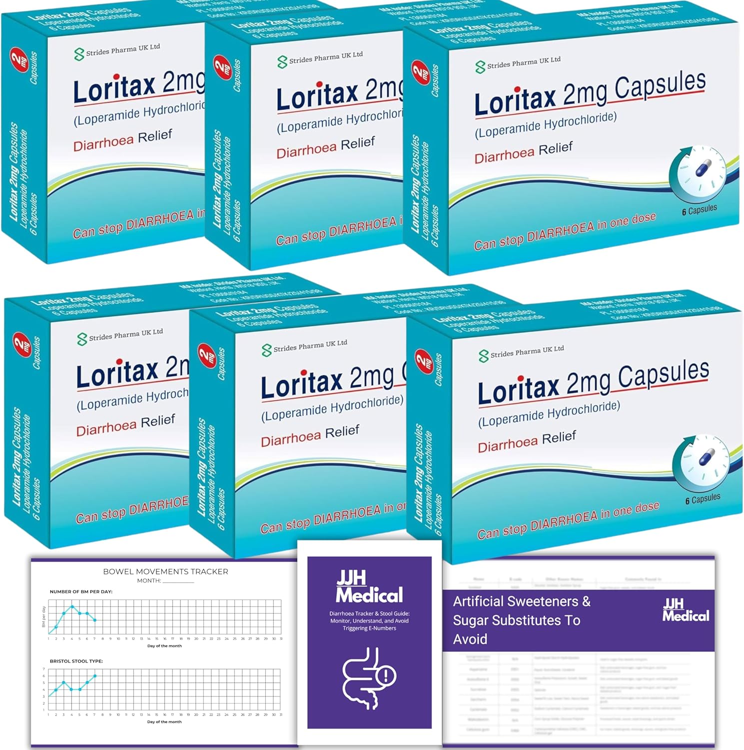 Diarrhoea Relief 36 Capsules Loperamide Hydrochloride 2mg, JJH Medical Bundle Including Stool Chart, Symptom Tracker & Triggering Factors for Adult Diarrhoea Relief