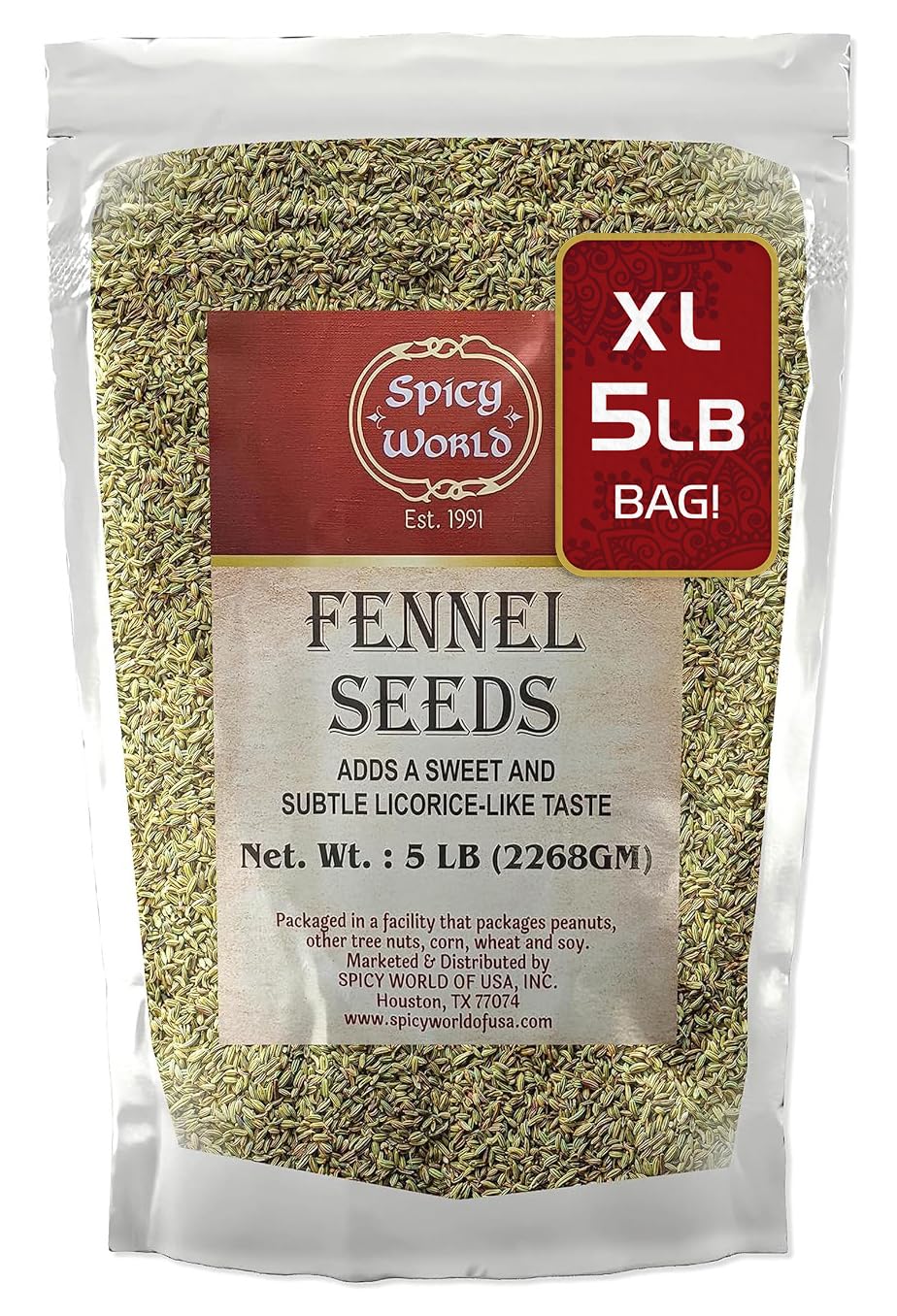 Spicy World Whole Fennel Seeds 5 Pound Bulk - All Natural, Sweet Licorice Flavor and Bright Green Color - Great for Fennel Tea, Snacking, and Cooking!