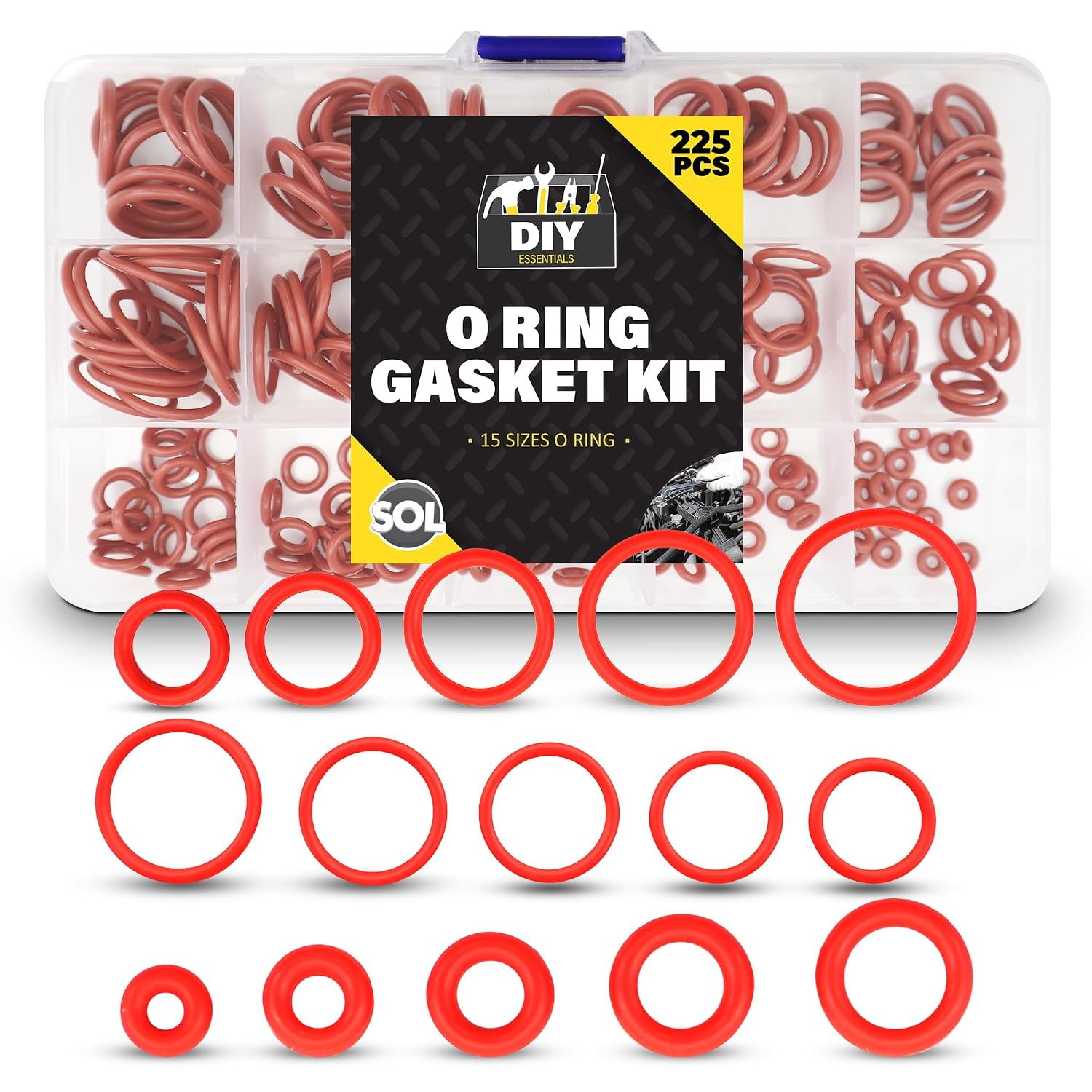 SOL 225pk O Ring Gasket Kit – Assorted Tap Washers for Mixer Taps & Plumbing – Durable Rubber Seals for DIY, Pipe Fittings, Leak Prevention, Automotive, Shower & Household Repairs