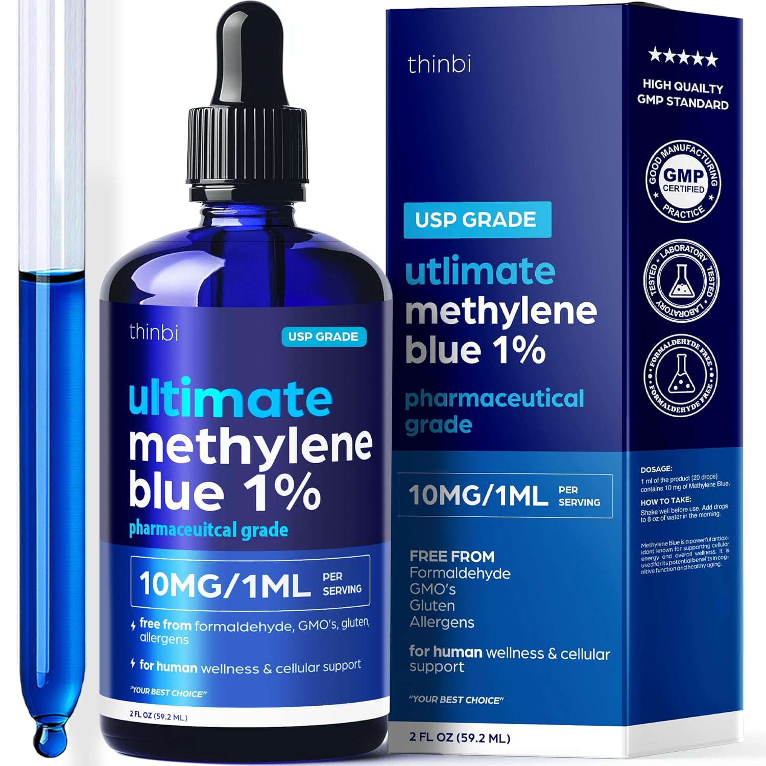 Methylene Blue Pharmaceutical Grade 2oz– USP Grade 1% Solution with Balanced Electrolyte SolutionThird-Party Tested Brain Health Supplement for Humans –No Formaldehyde High Cognitive Support