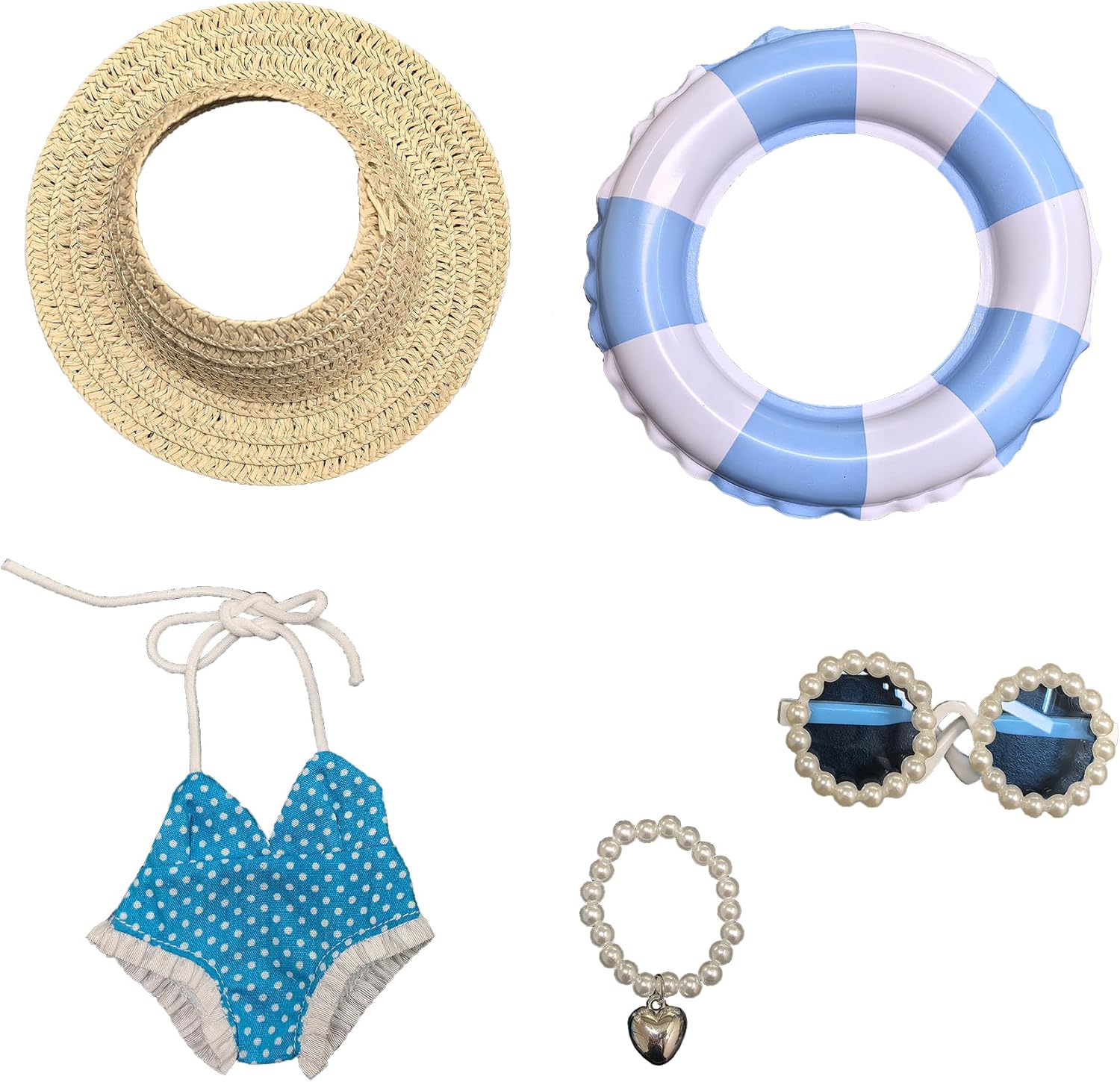 Summer - Themed 5-Piece Doll Clothes Set | Straw Hat, Pearl-Decorated Sunglasses, Blue-White Plaid Doll Swimsuit, Pearl Necklace & Fruit-Patterned Swim Ring for 14-17cm Labobo Doll and Labibu