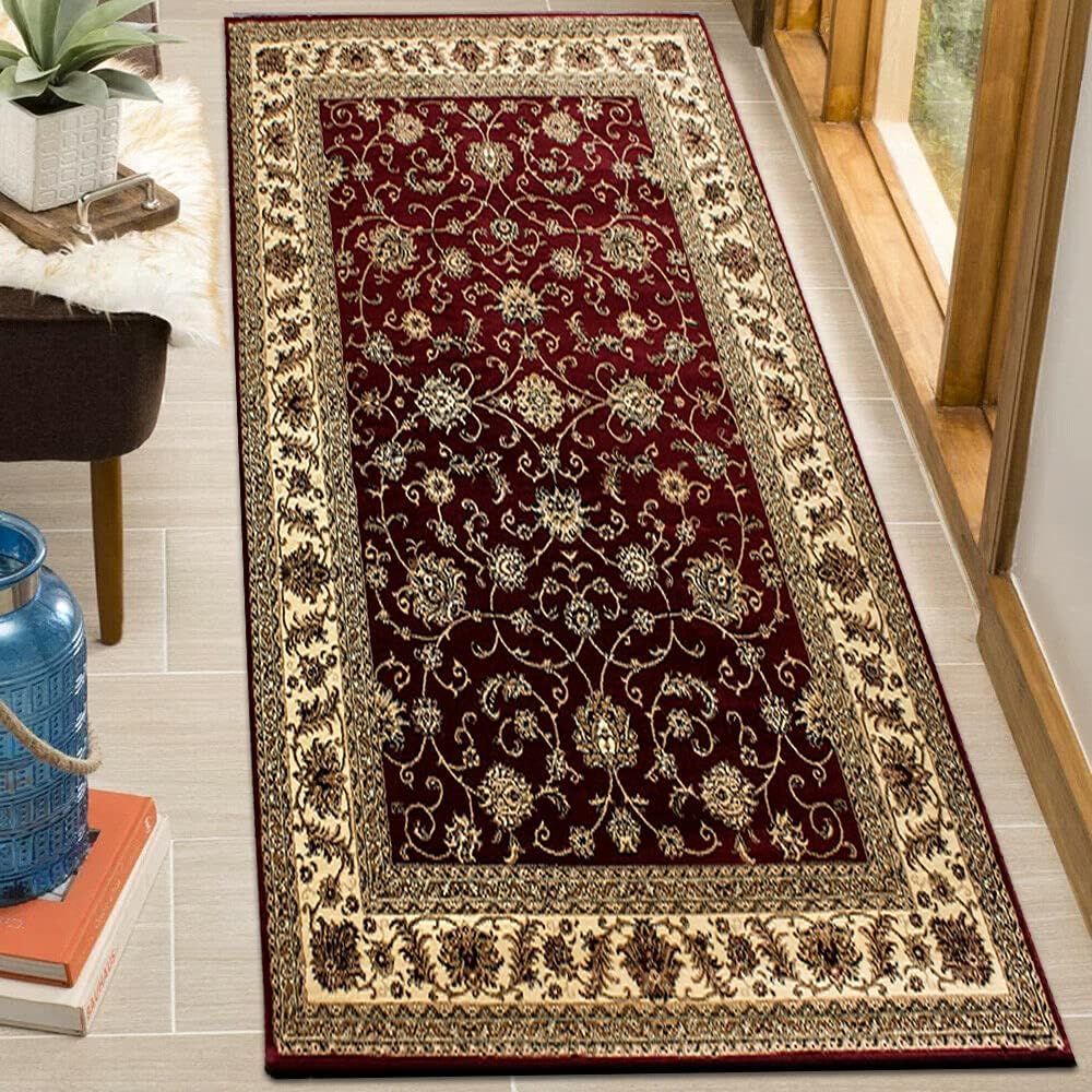 PHP Carpet Runners Rugs Bedroom - Floral Patterned Low Pile Traditional Oriental Rug for Living Room - 80 X 150 cm (2 Ft 6 In X 5 Ft), 0210 Red Hallway Runner Rug