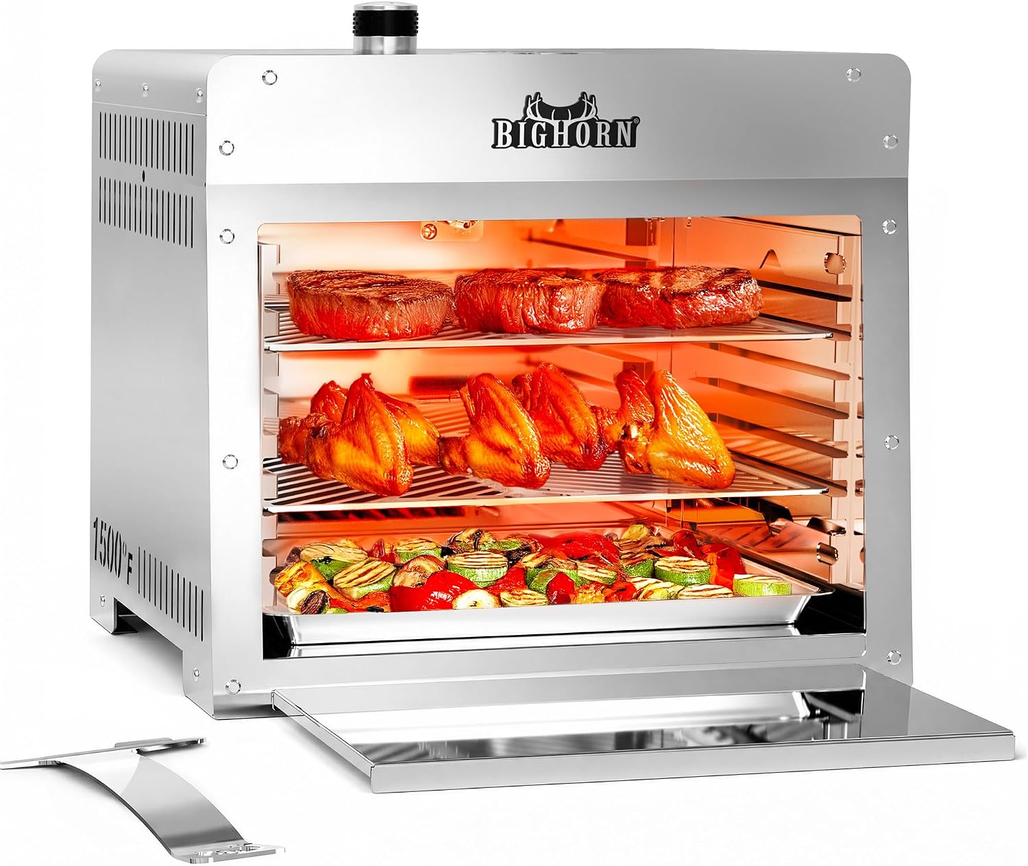 BIG HORN OUTDOORS 1500°F Infrared Propane Gas Grill – Portable Steak Broiler & Sear Station, Outdoor Salamander BBQ, Stainless Steel, 16 inch