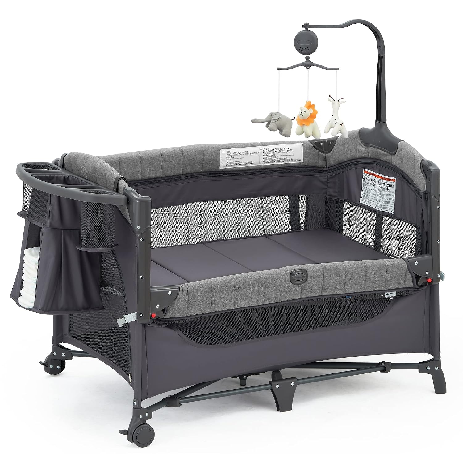 Baby Bassinet Bedside Bassinet Sleeper, 5-in-1 Pack and Play with Full-Size Bassinet,Baby Playard with Changing Table,Storage Shelf,Music Mobile with Soft Toys for Newborn to Toddlers (Grey)