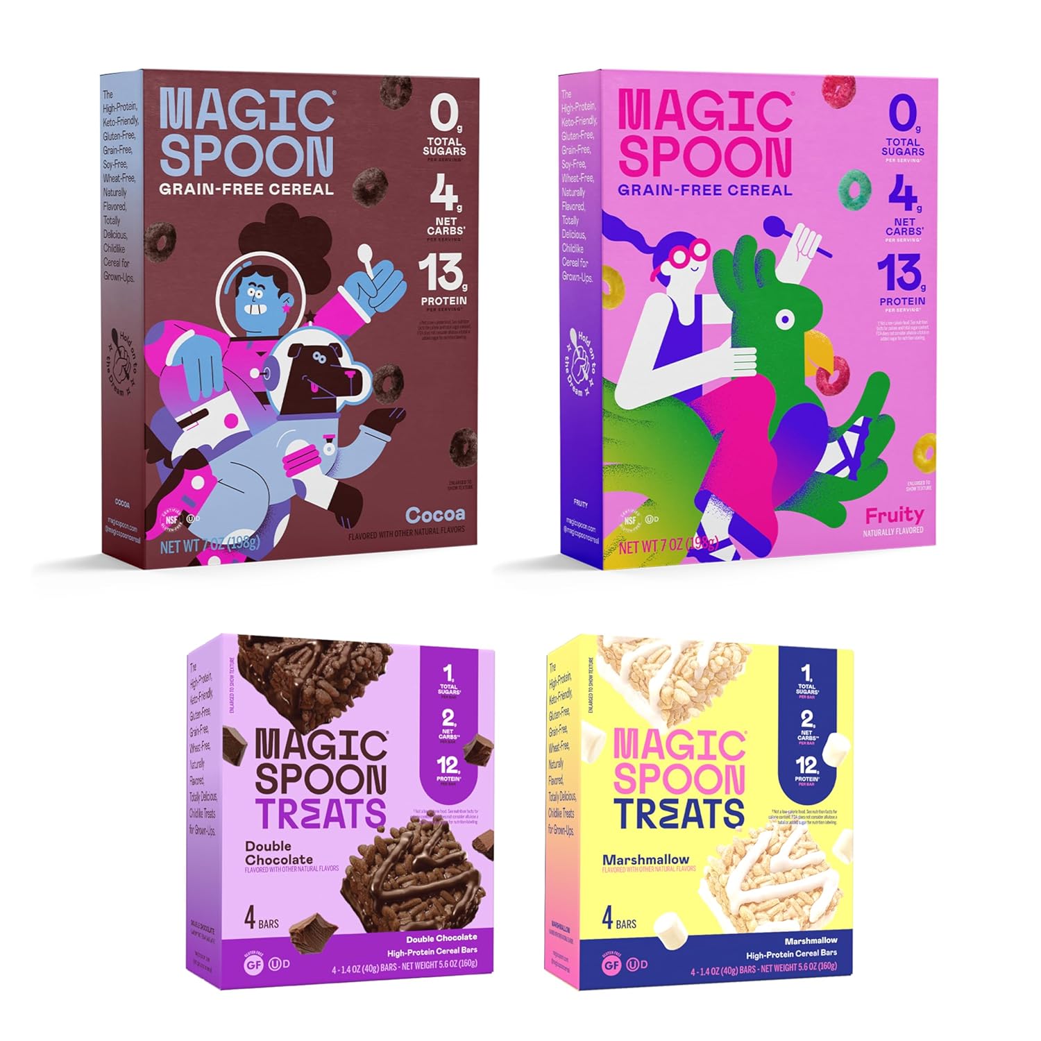 Magic Spoon Starter Pack - 1 Box Fruity Cereal, 1 Box of Coco, 4 Marshmallow Bars, 4 Double Chocolate Bars - Keto & Low Carb Lifestyles, Gluten & Grain Free, High Protein, Low Sugar